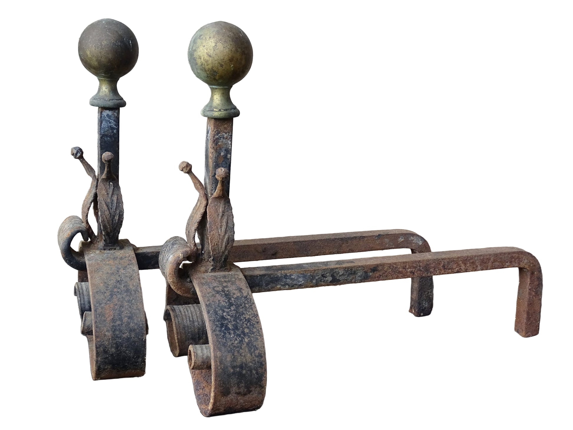 Pair of French antique wrought iron andirons or firedogs with brass finials. 