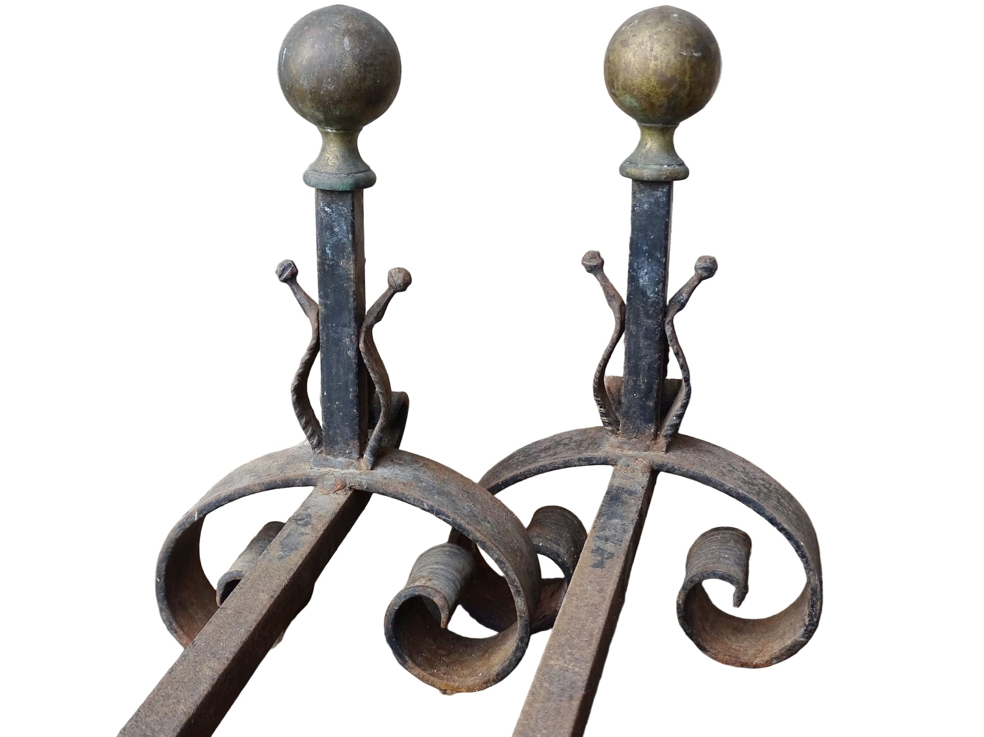 Pair of French antique wrought iron andirons or firedogs with brass finials. 