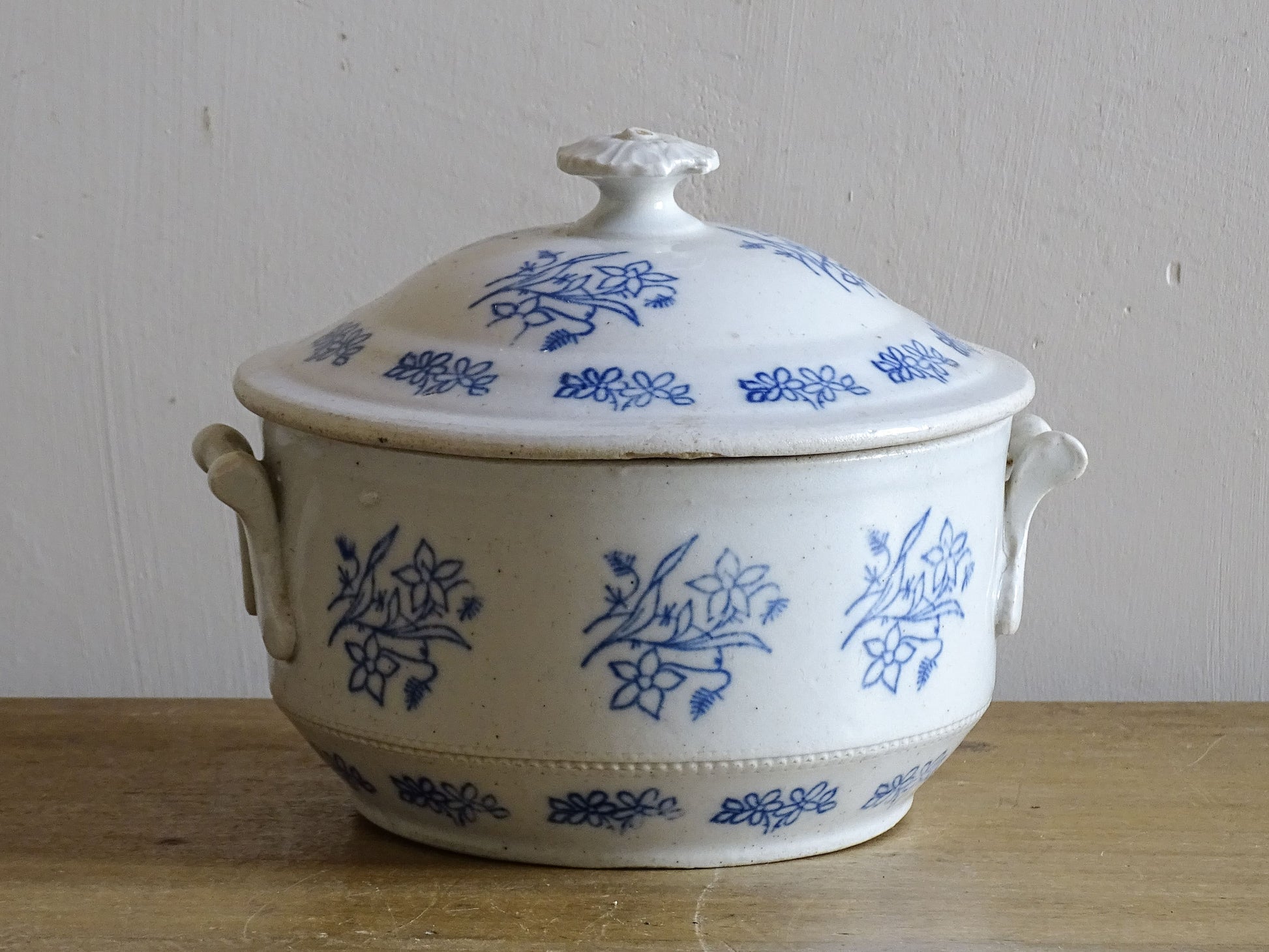 French antique stoneware soup tureen with blue and white glaze