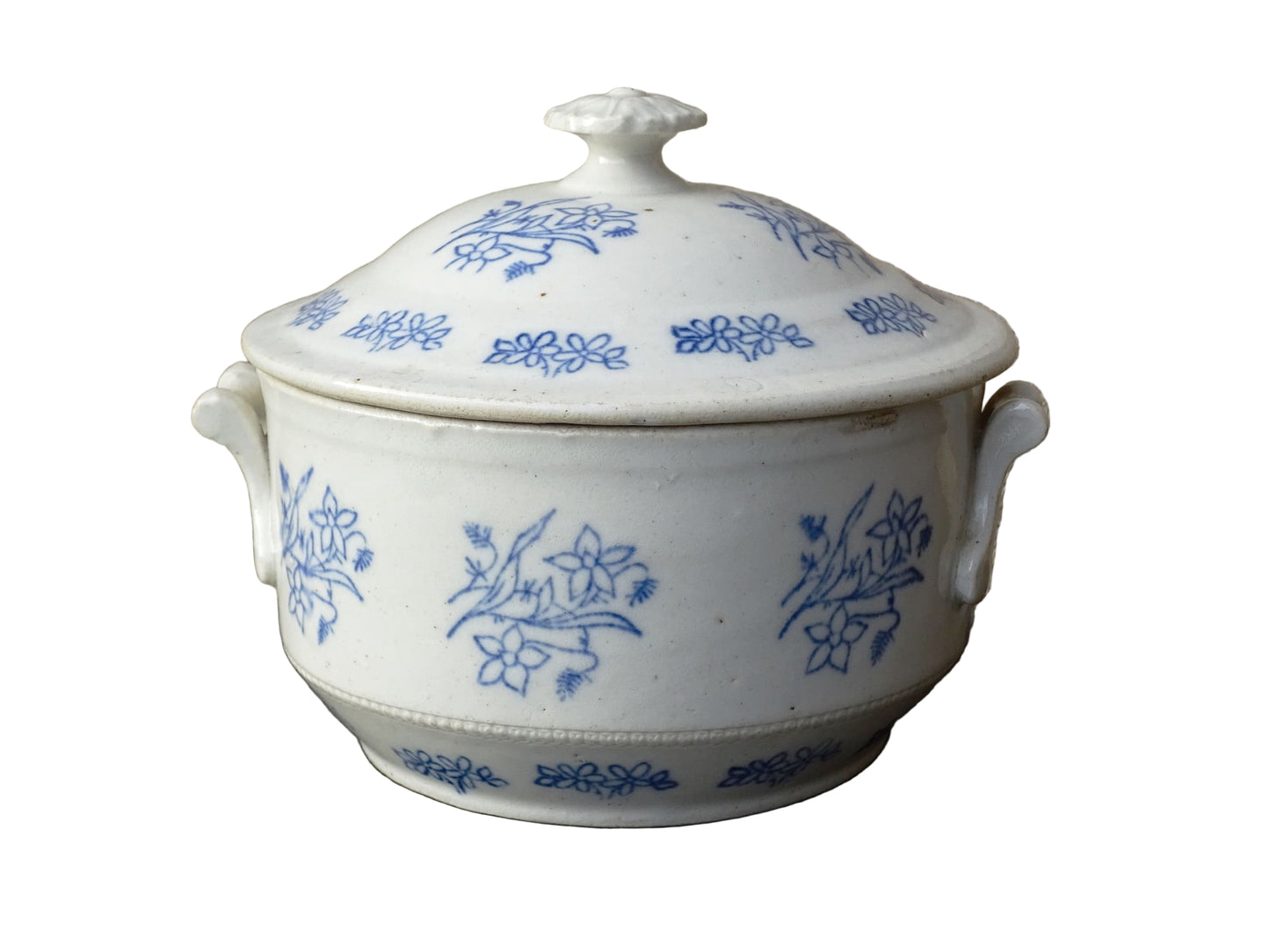 French antique stoneware tureen with blue and white glaze from Saint Uze. Individual soup bowl with lid. 