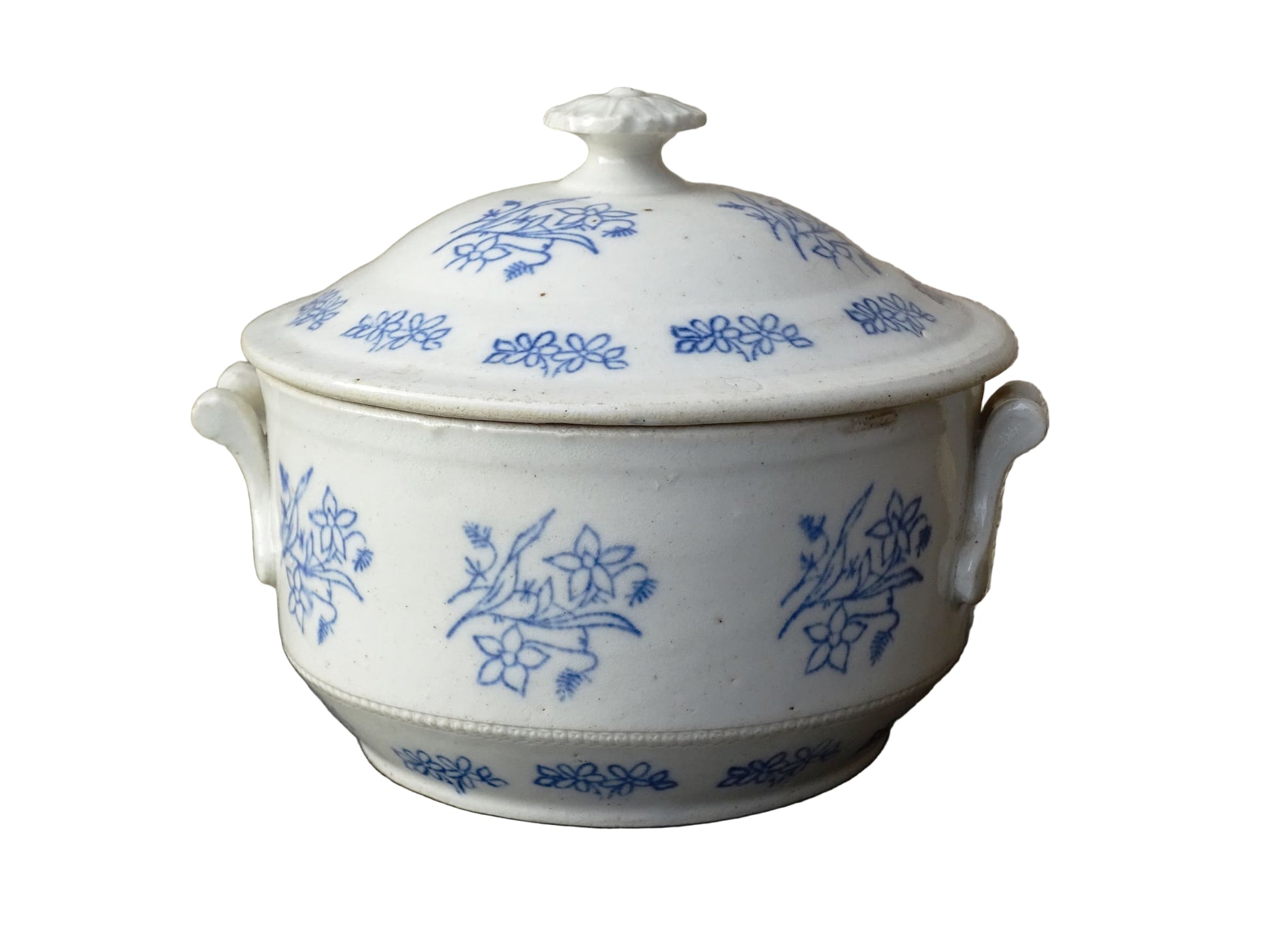 French antique stoneware tureen with blue and white glaze from Saint Uze. Individual soup bowl with lid. 