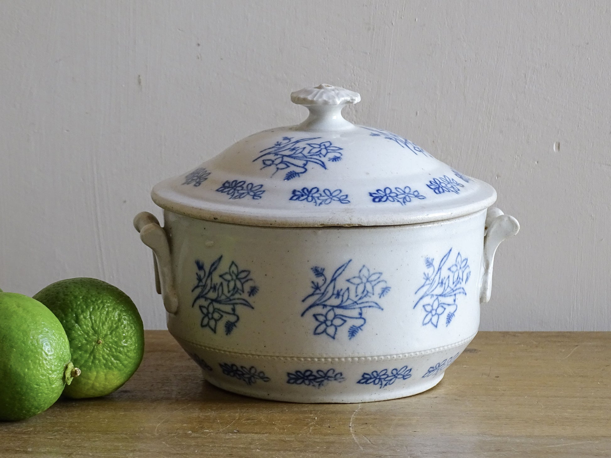 French antique stoneware soup tureen with blue and white glaze