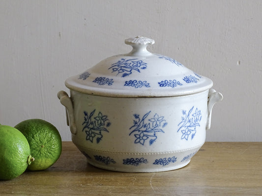 French antique stoneware soup tureen with blue and white glaze
