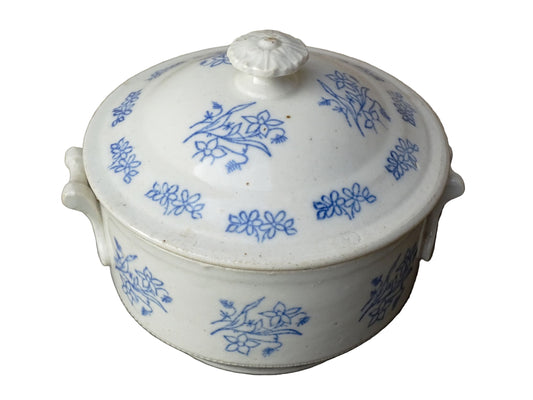 French antique stoneware tureen with blue and white glaze from Saint Uze. Individual soup bowl with lid. 