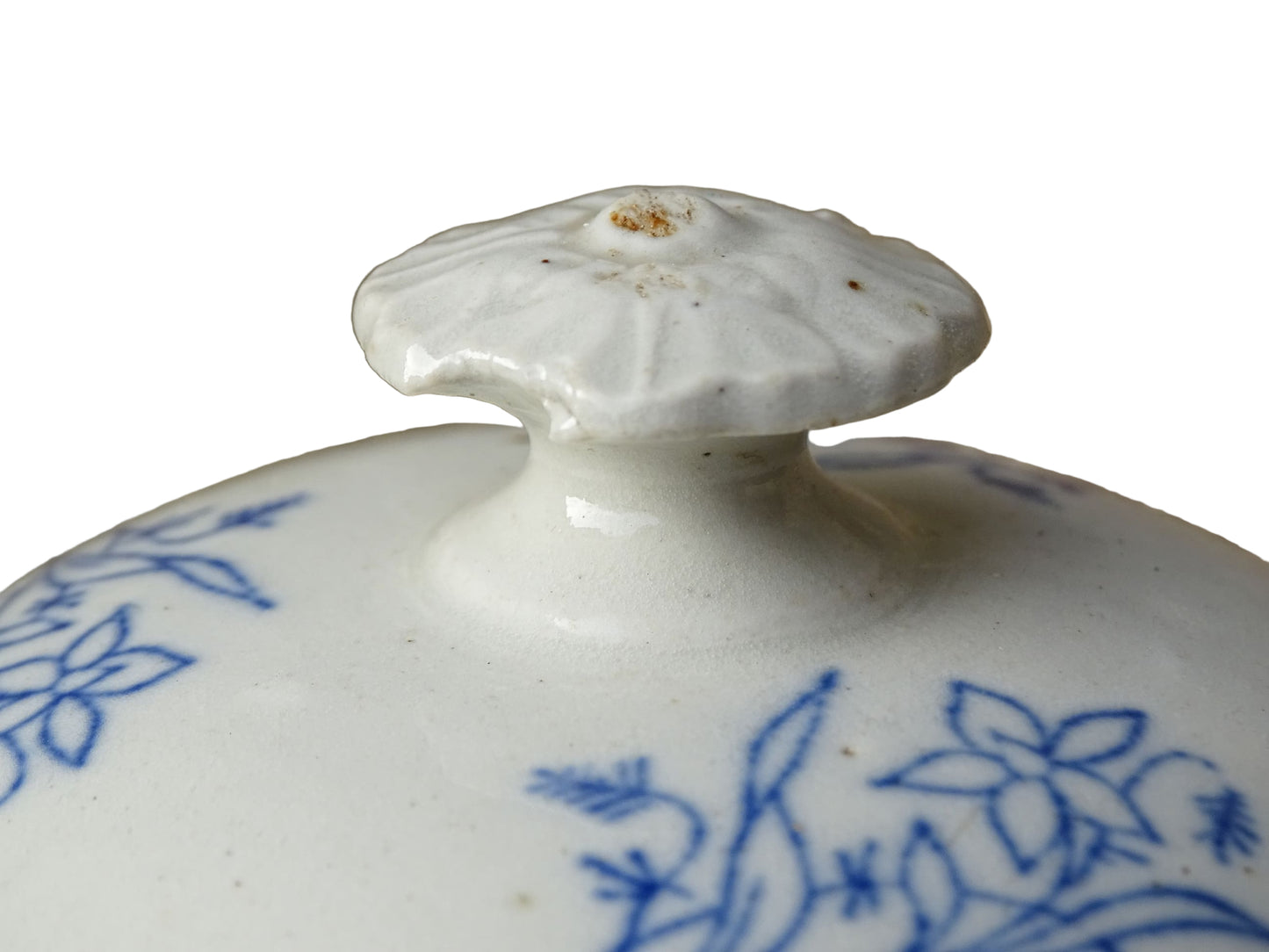 French antique stoneware tureen with blue and white glaze from Saint Uze. Individual soup bowl with lid. 