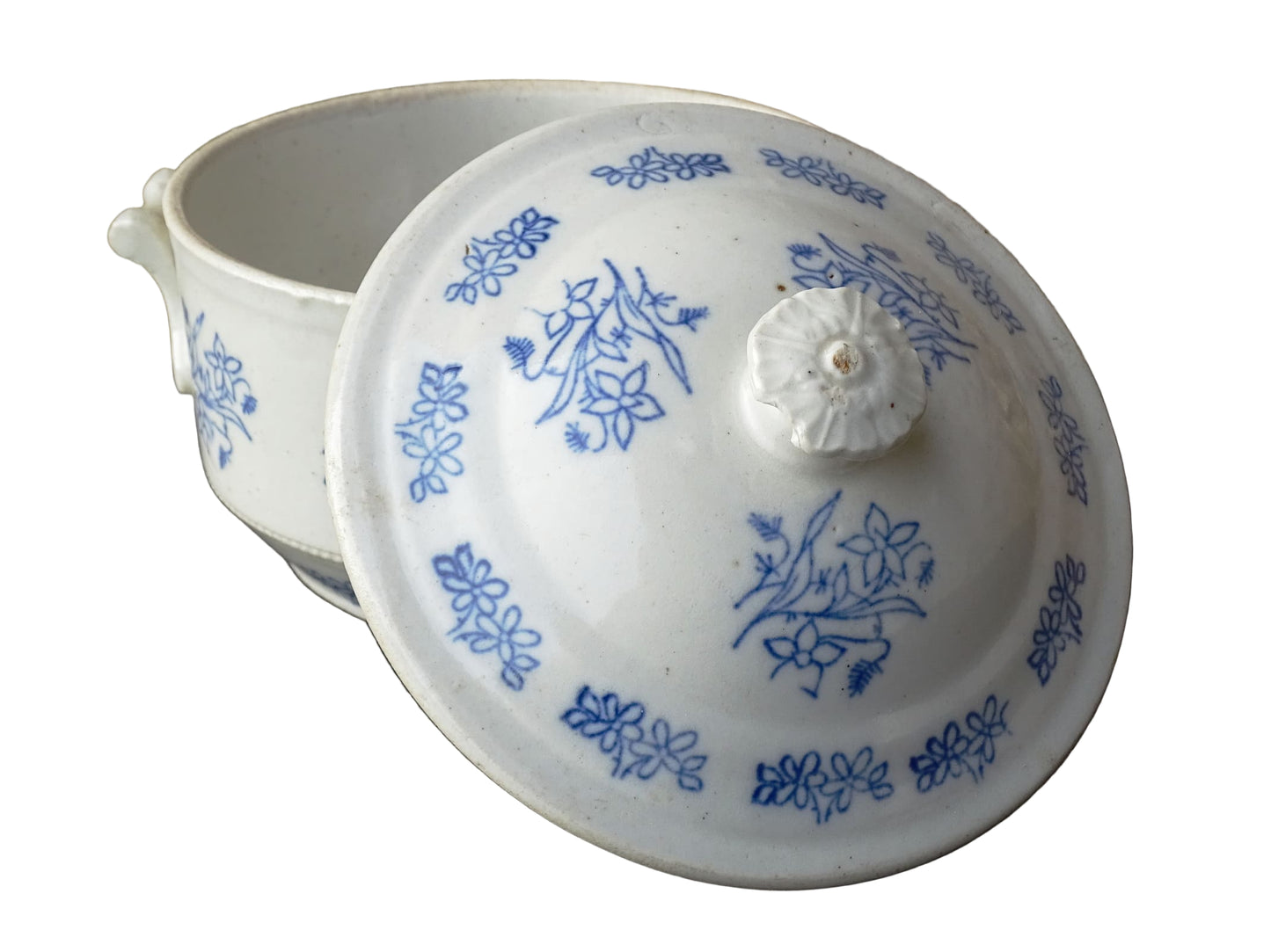 French antique stoneware tureen with blue and white glaze from Saint Uze. Individual soup bowl with lid. 