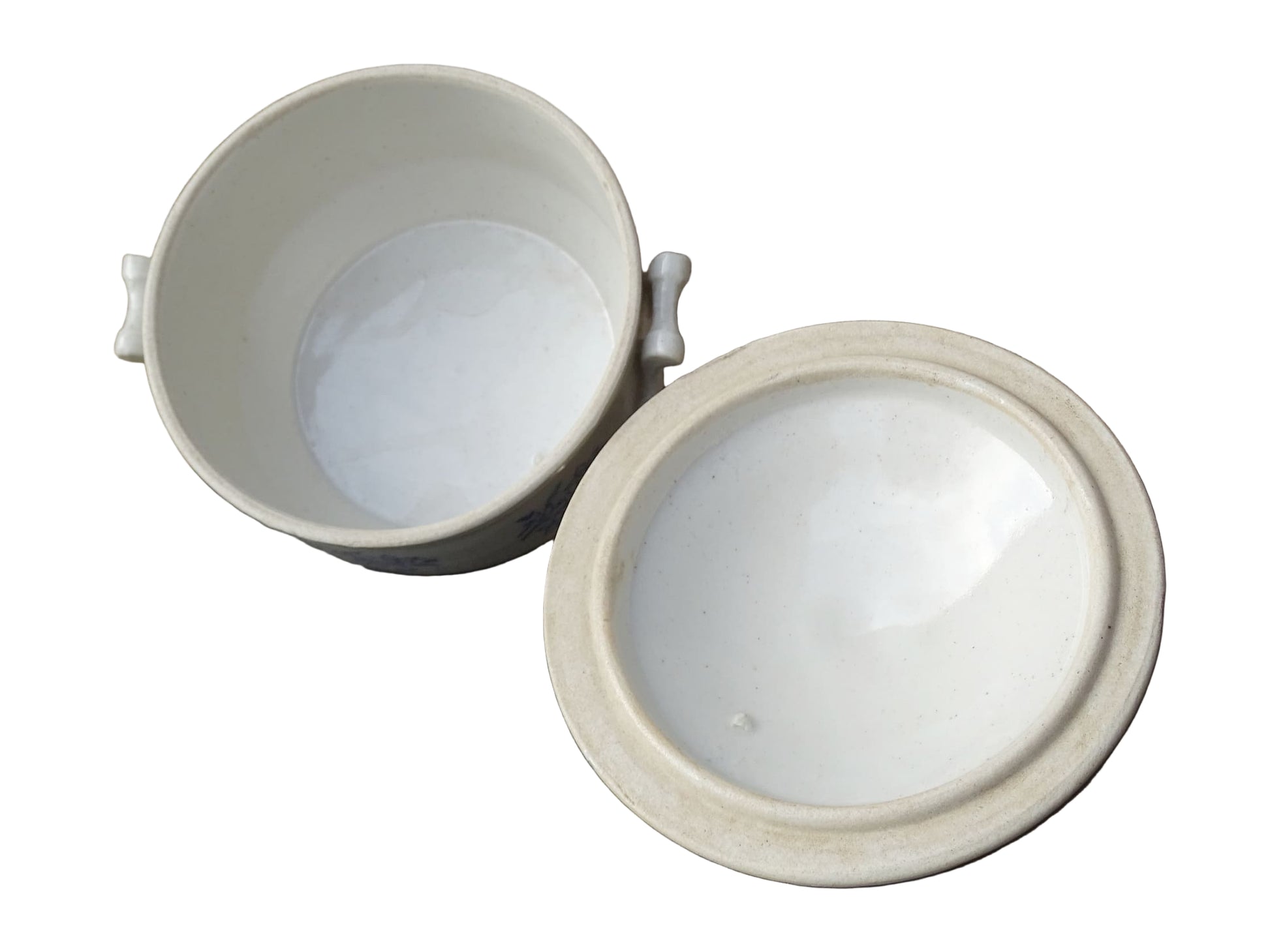 French antique stoneware tureen with blue and white glaze from Saint Uze. Individual soup bowl with lid. 