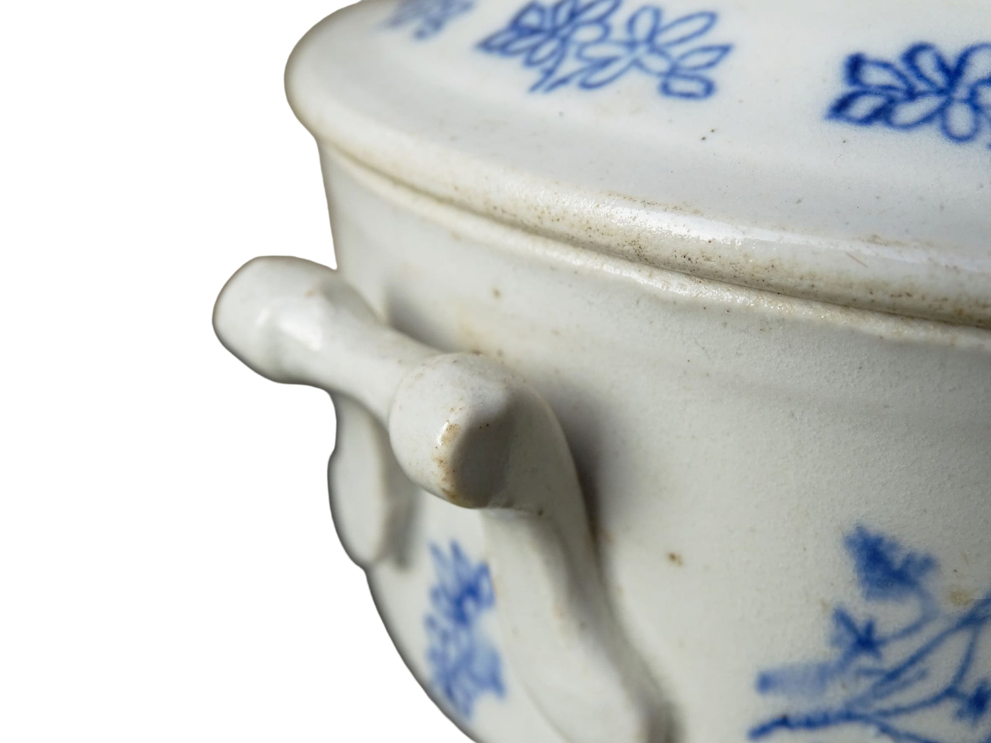 French antique stoneware tureen with blue and white glaze from Saint Uze. Individual soup bowl with lid. 