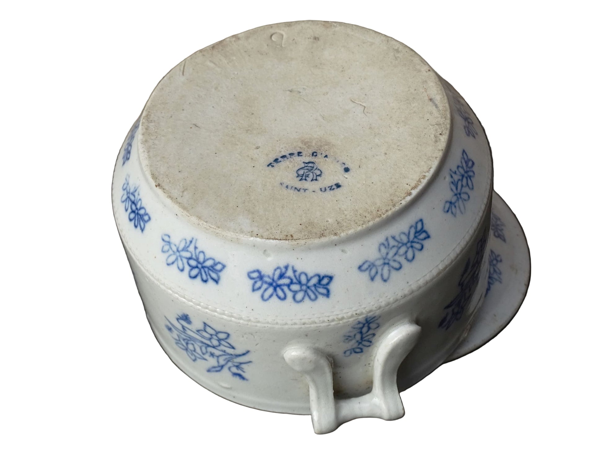 French antique stoneware tureen with blue and white glaze from Saint Uze. Individual soup bowl with lid. 