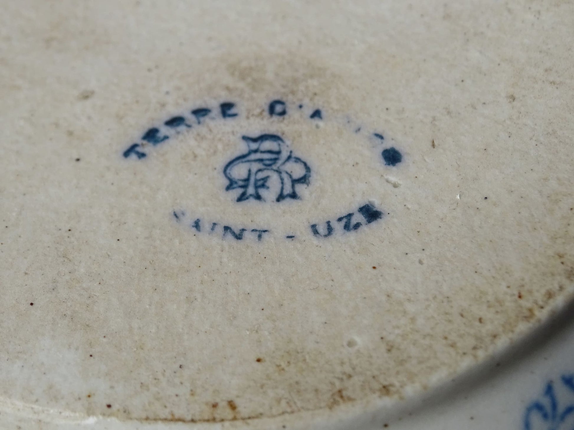 French antique stoneware tureen with blue and white glaze from Saint Uze. Individual soup bowl with lid. 