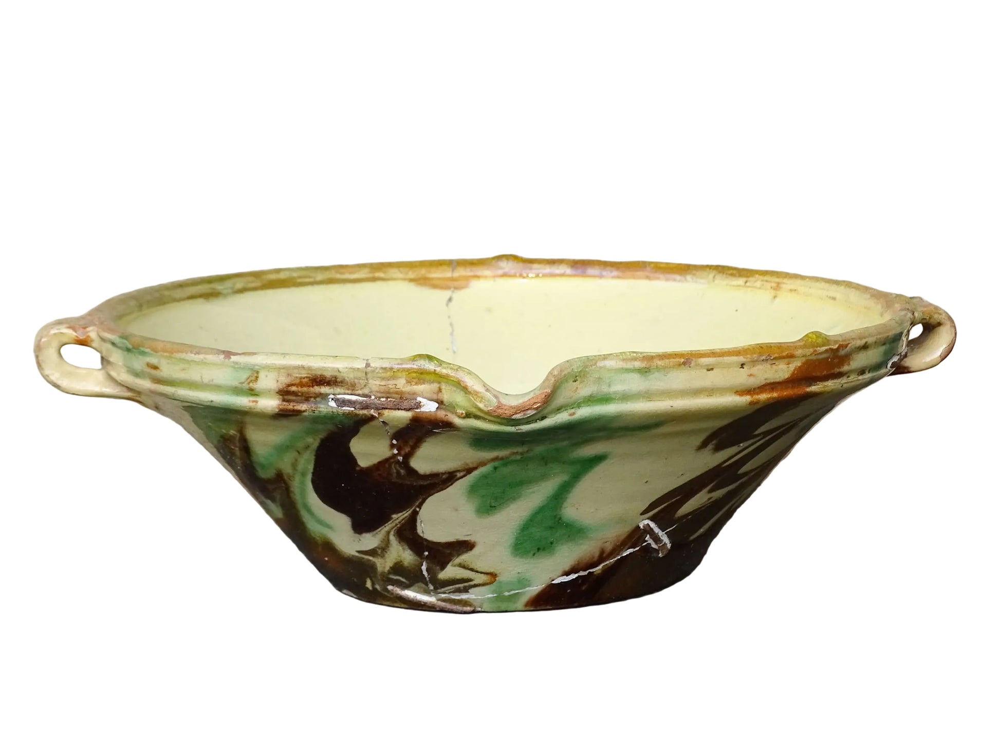French antique ceramic bowl with Jaspe glaze from Savoie. Savoyard pottery bowl with yellow, green and brown glaze. Old tian bowl.