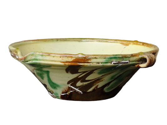 French antique ceramic bowl with Jaspe glaze from Savoie. Savoyard pottery bowl with yellow, green and brown glaze. Old tian bowl.