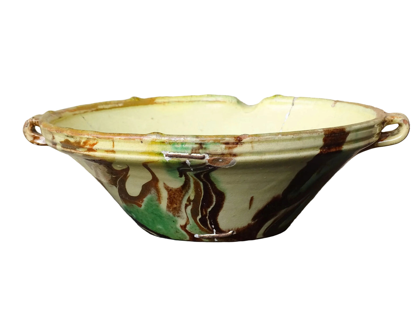 French antique ceramic bowl with Jaspe glaze from Savoie. Savoyard pottery bowl with yellow, green and brown glaze. Old tian bowl.