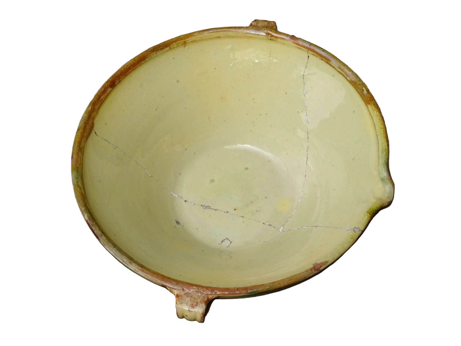 French antique ceramic bowl with Jaspe glaze from Savoie. Savoyard pottery bowl with yellow, green and brown glaze. Old tian bowl.