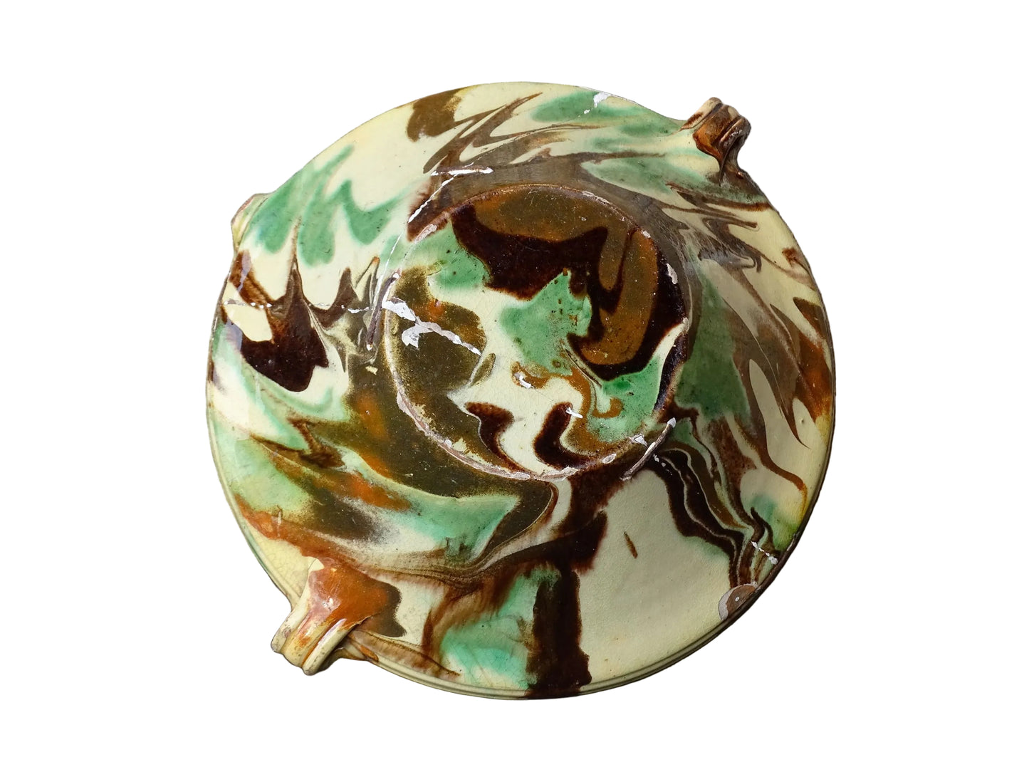 French antique ceramic bowl with Jaspe glaze from Savoie. Savoyard pottery bowl with yellow, green and brown glaze. Old tian bowl.