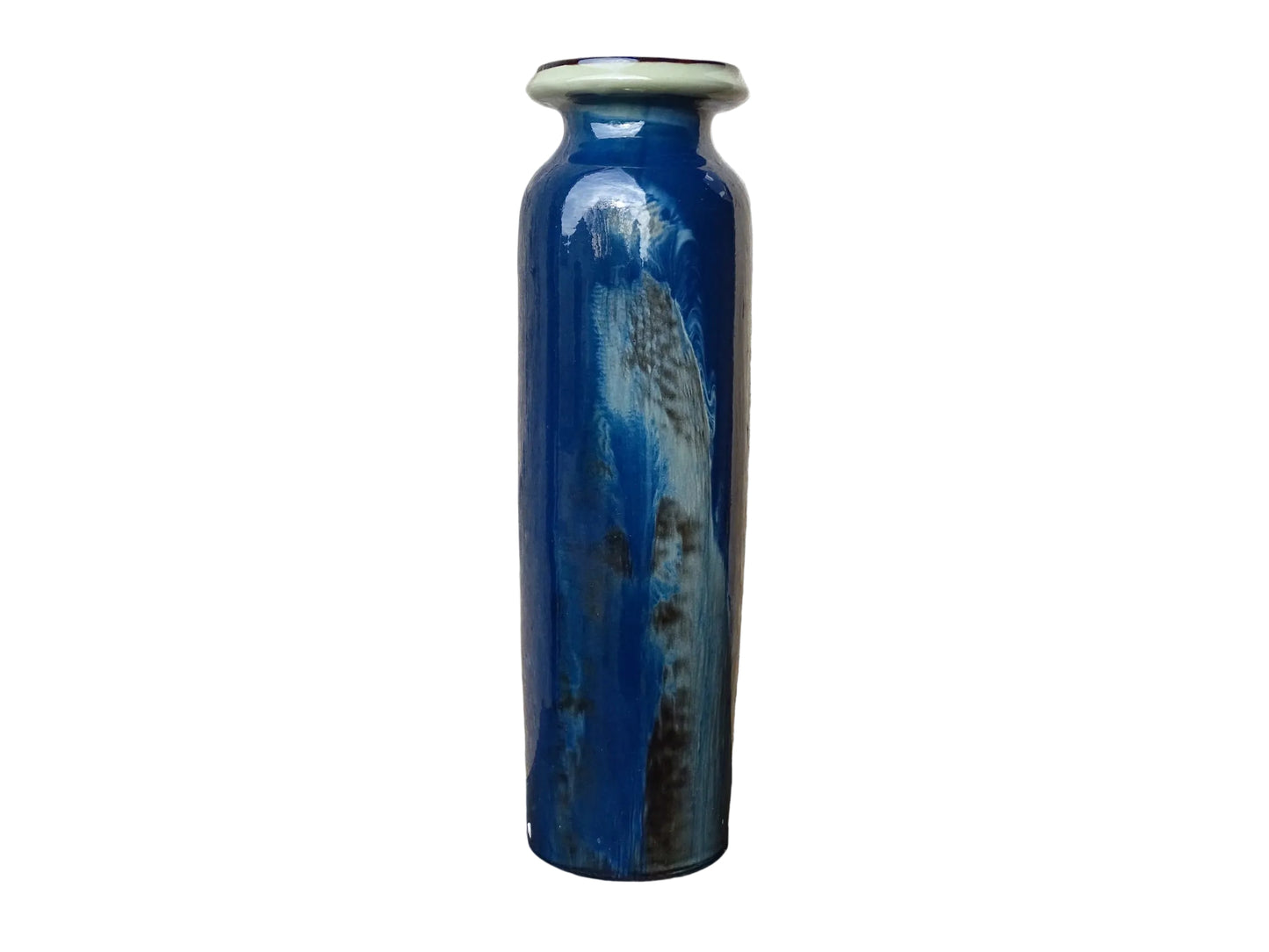Vintage ceramic vase with a blue and cream glaze. Tall glazed terracotta vase, signed. 