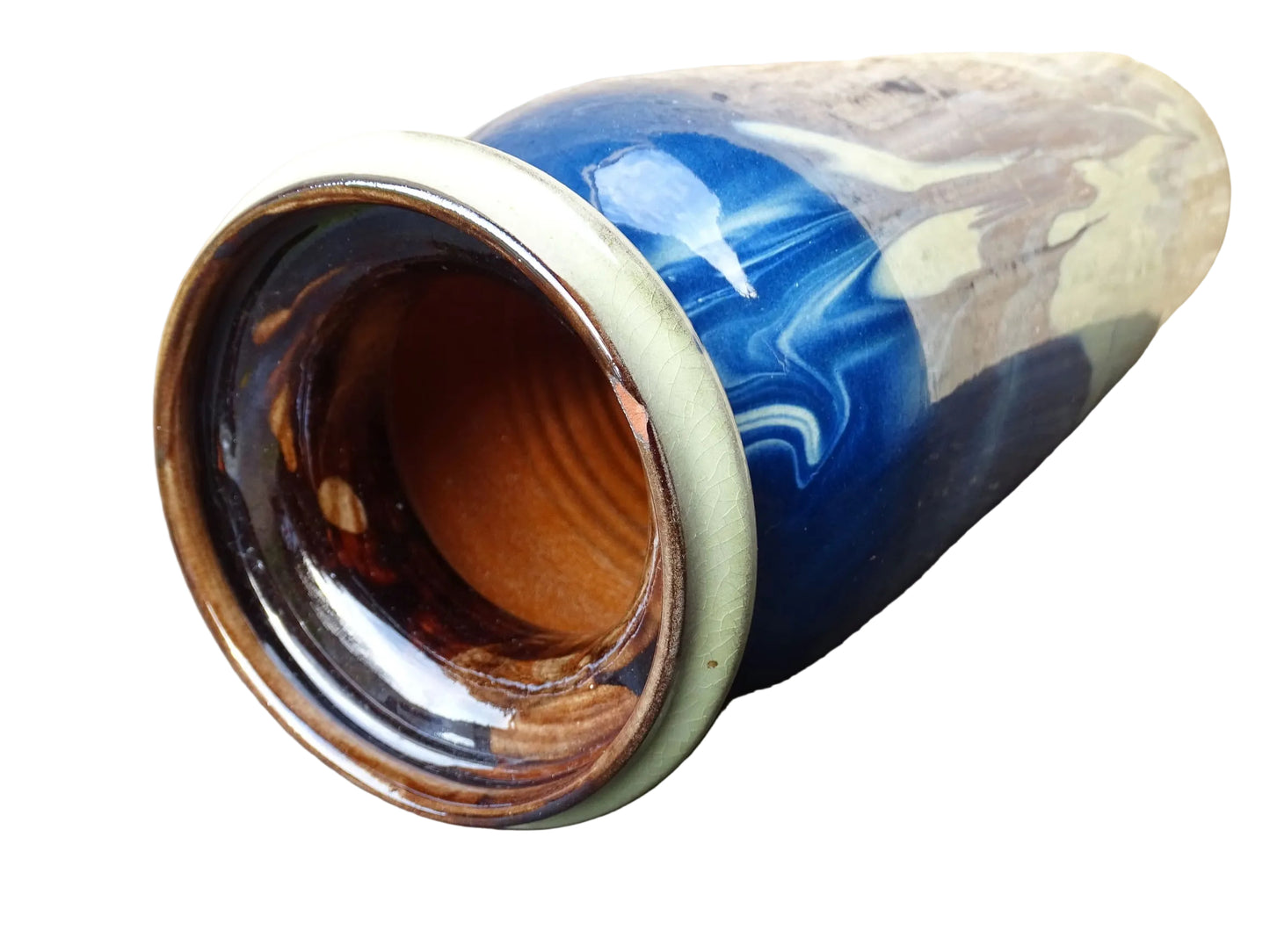 Vintage ceramic vase with a blue and cream glaze. Tall glazed terracotta vase, signed. 