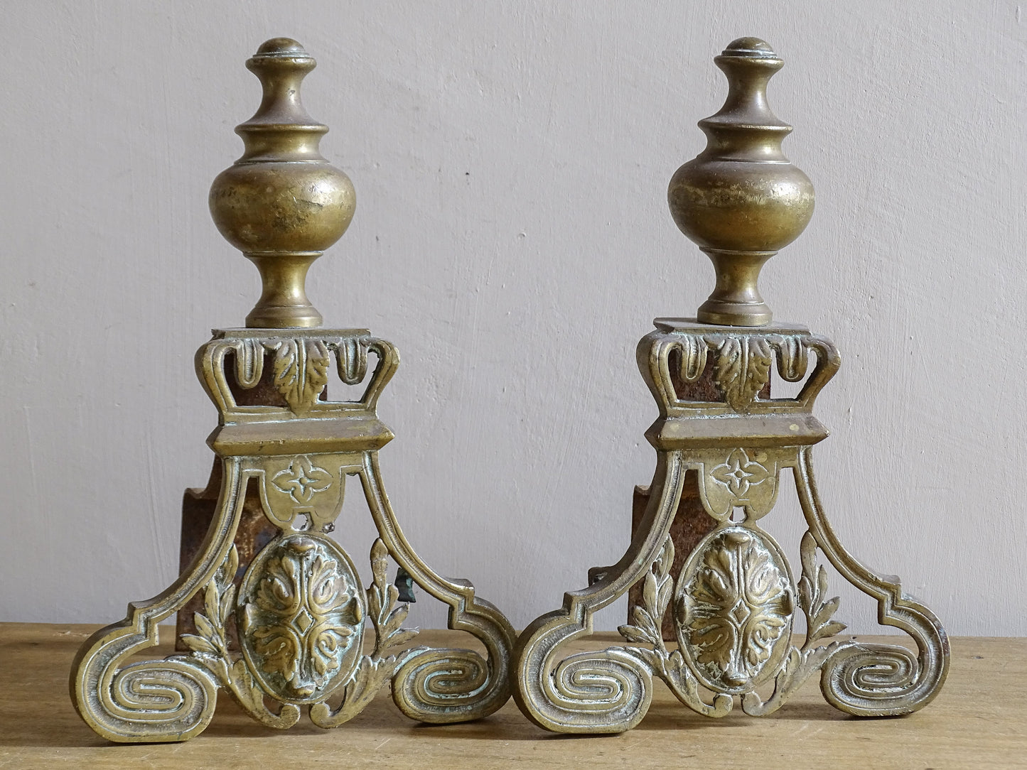 Pair of ornate brass andirons, French antique firedogs 