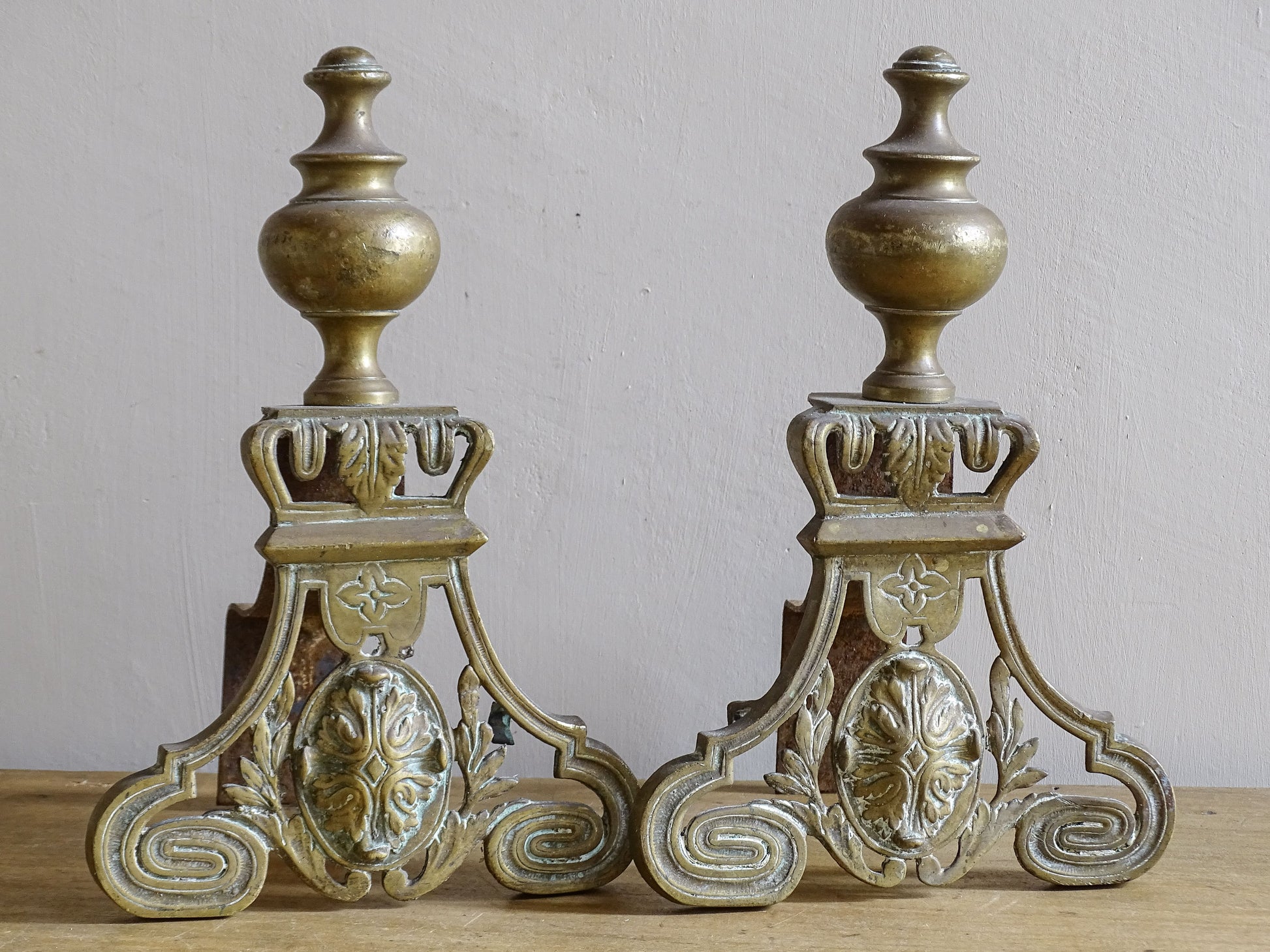 Pair of ornate brass andirons, French antique firedogs 