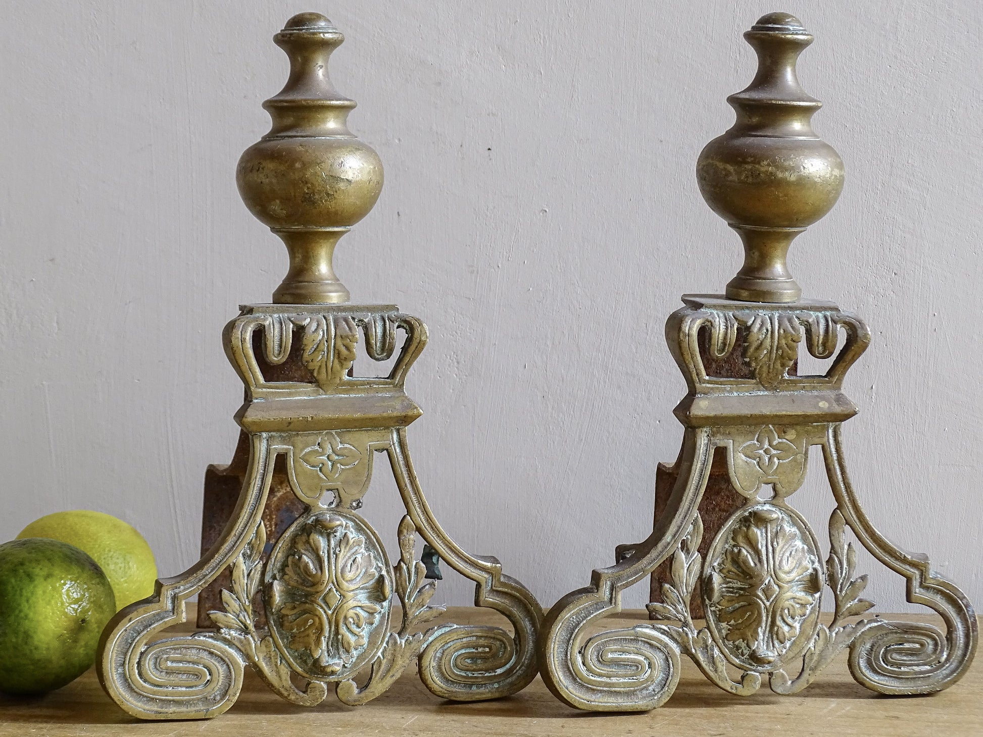 French antique brass andirons with finials and scrolls, old andirons 