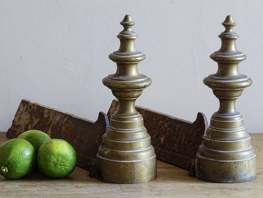 French antique brass andirons or fire dogs with finials