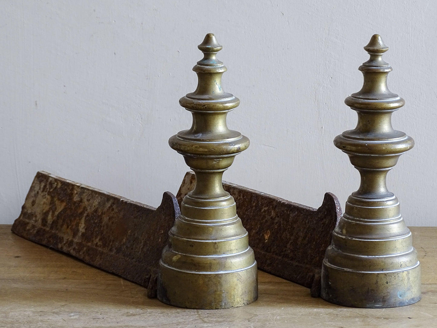 French antique brass andirons or fire dogs with finials