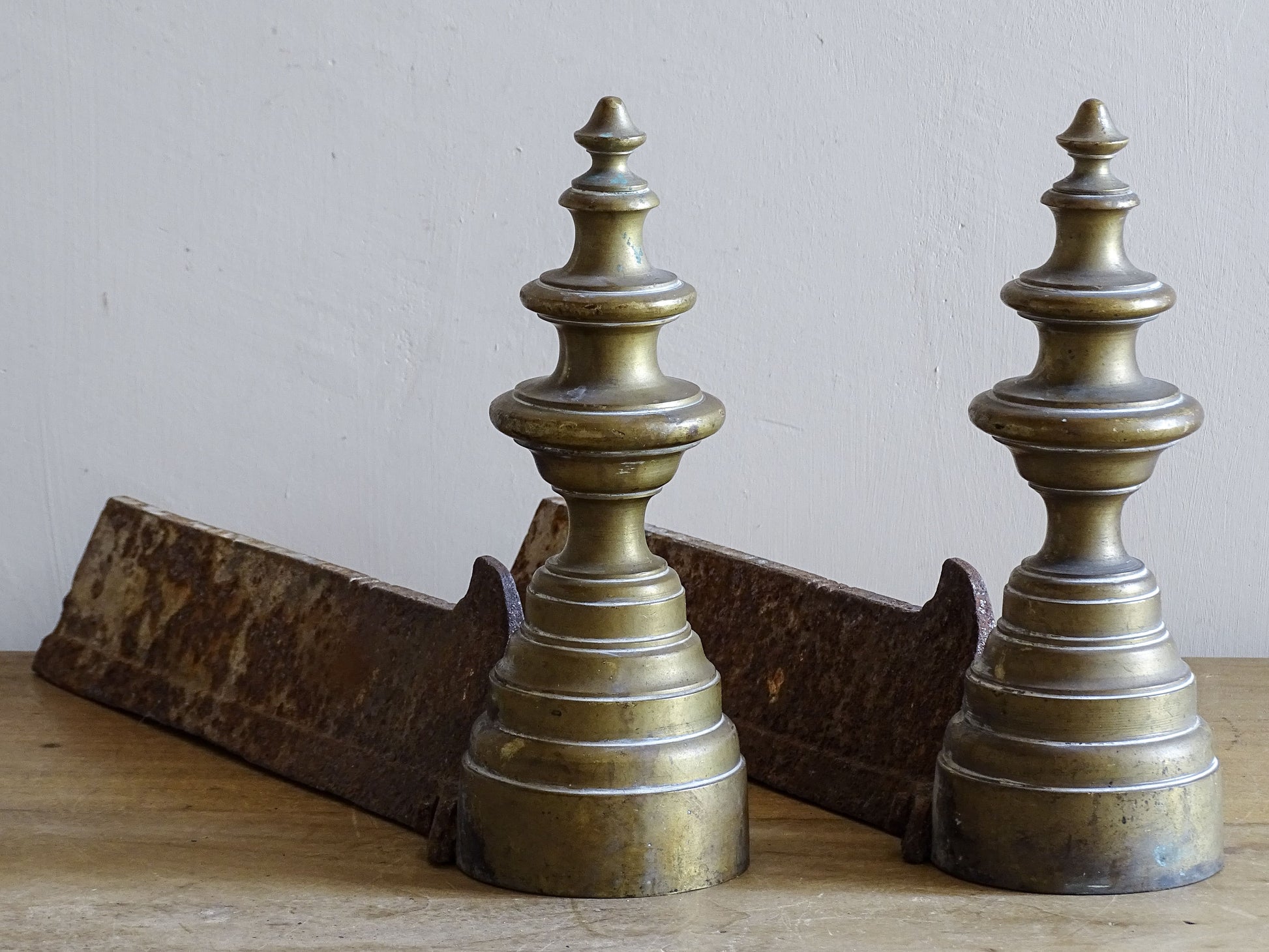 French antique brass andirons or fire dogs with finials