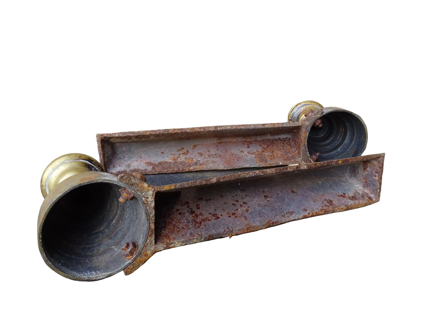 Pair of French antique brass andirons or firedogs with turned forms and cast iron backs. 