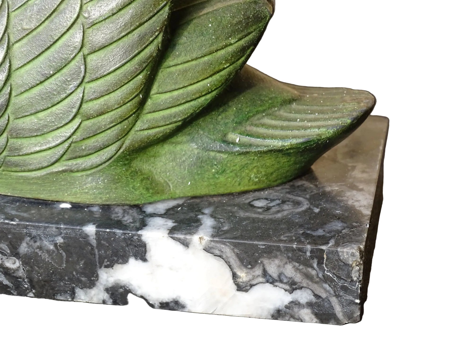French vintage swan books on black marble bases. The swan statues have a green verdigris effect. 