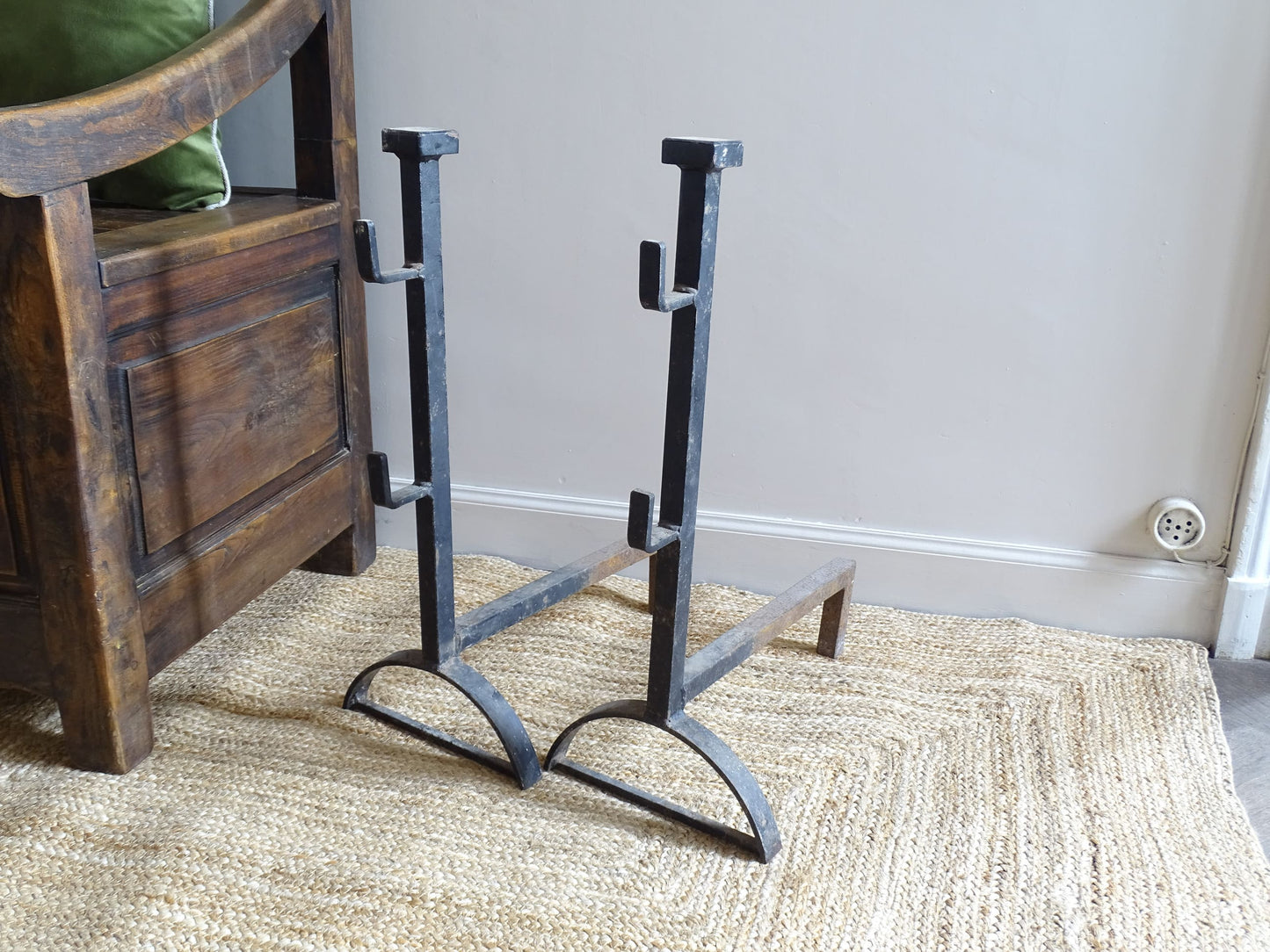 Large French Antique Cast Iron Andirons. Pair of antique firedogs or log holders.
