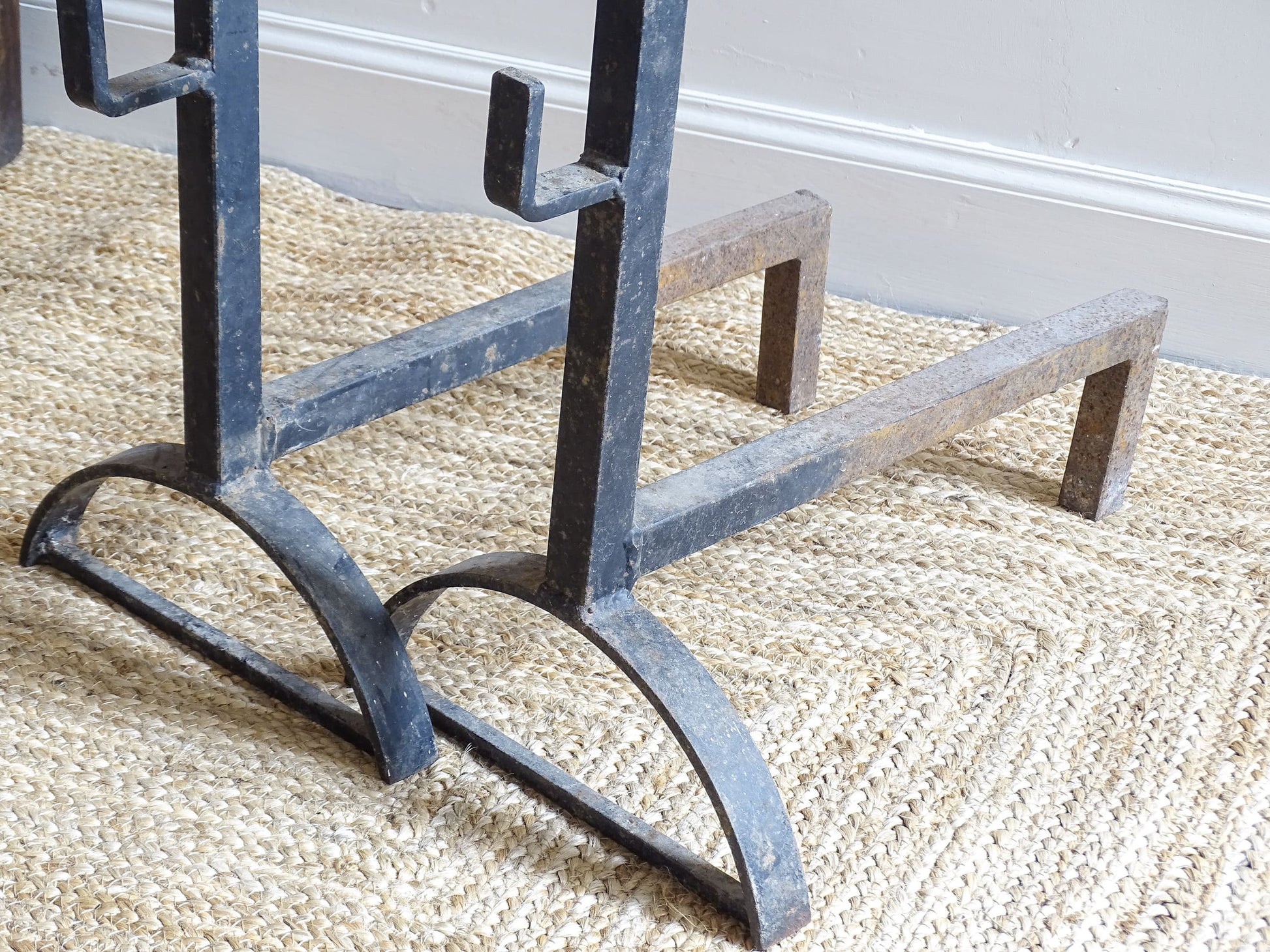 Large French Antique Cast Iron Andirons. Pair of antique firedogs or log holders.