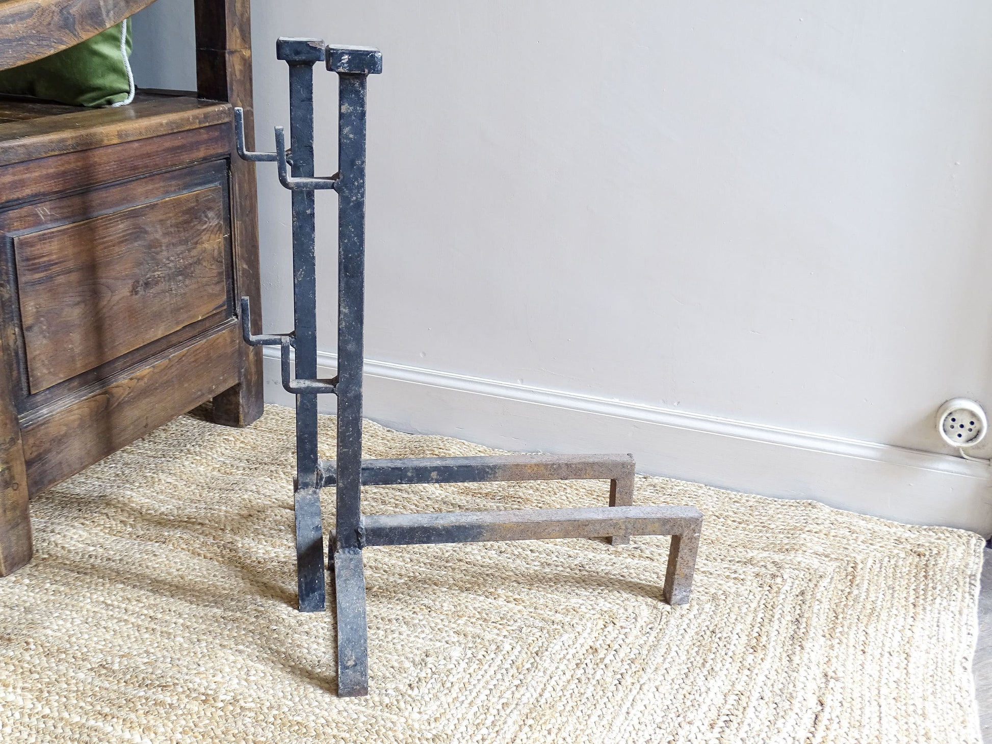 Large French Antique Cast Iron Andirons. Pair of antique firedogs or log holders.
