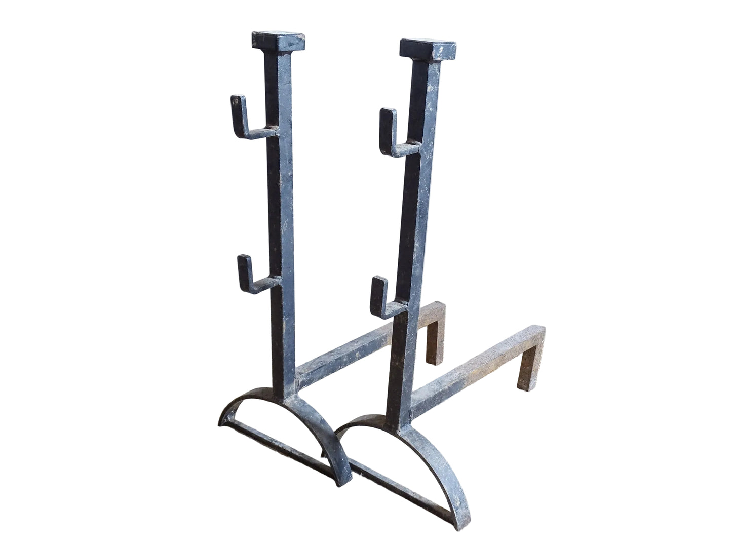 Large French Antique Cast Iron Andirons. Pair of antique firedogs or log holders.