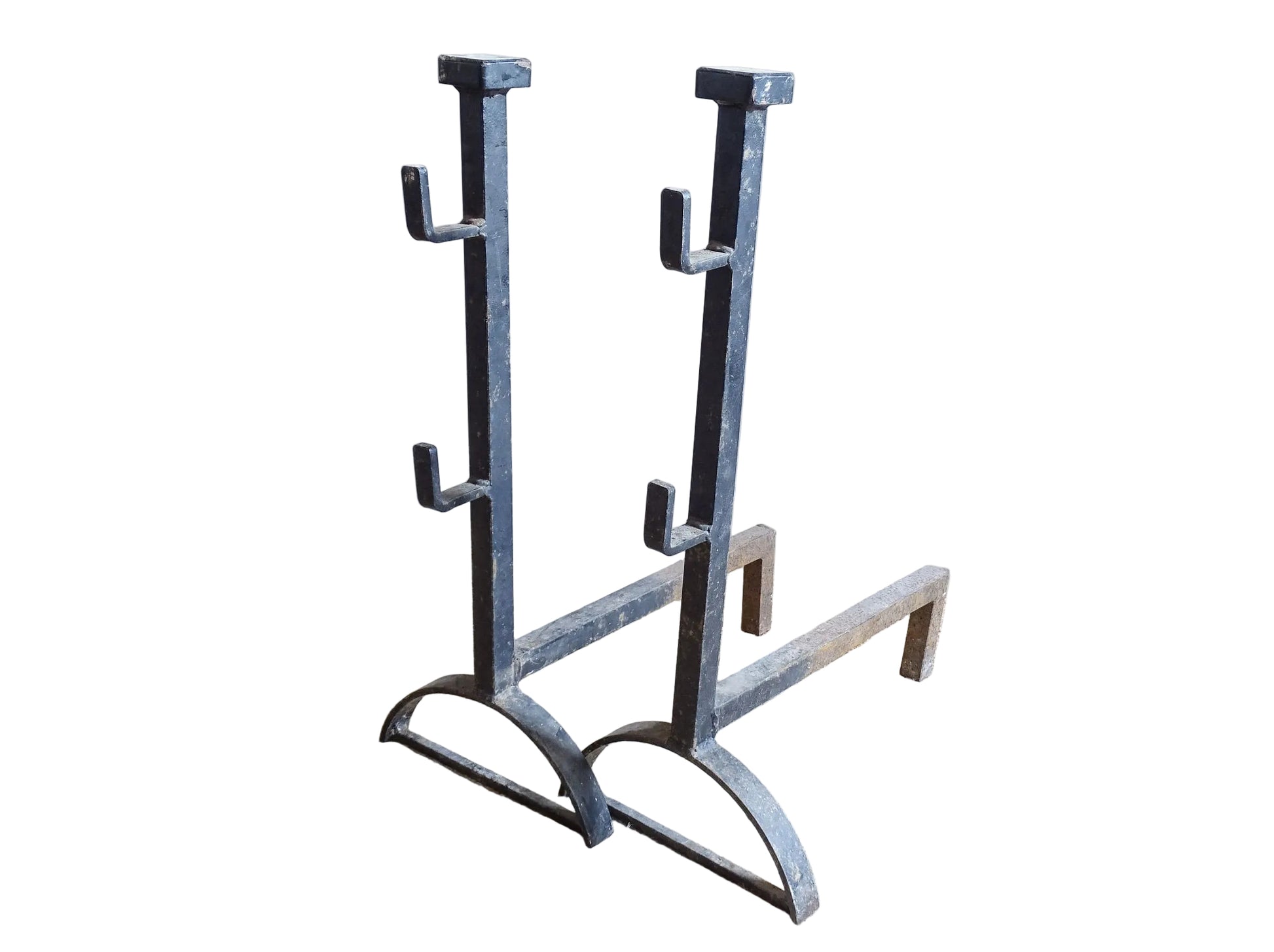 Large French Antique Cast Iron Andirons. Pair of antique firedogs or log holders.