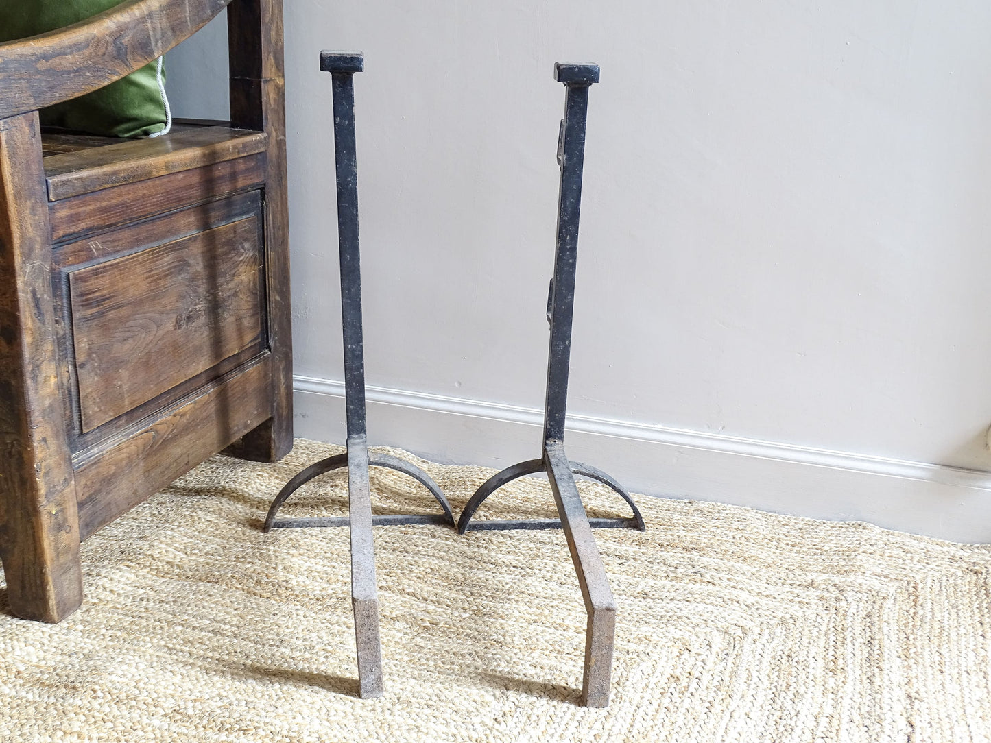 Large French Antique Cast Iron Andirons. Pair of antique firedogs or log holders.