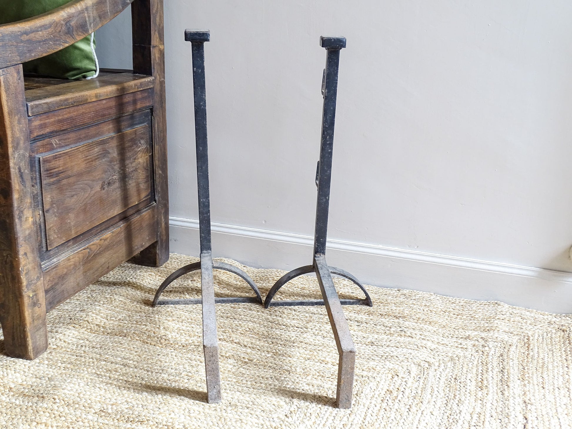 Large French Antique Cast Iron Andirons. Pair of antique firedogs or log holders.