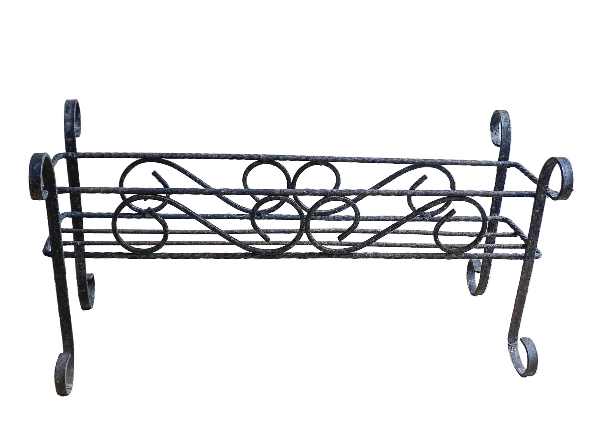 French vintage wrought iron plant stand.  A mid century plant stand, with a  wide central basket and curved detailing. It would make a gorgeous decorative accent both indoors or outdoors.