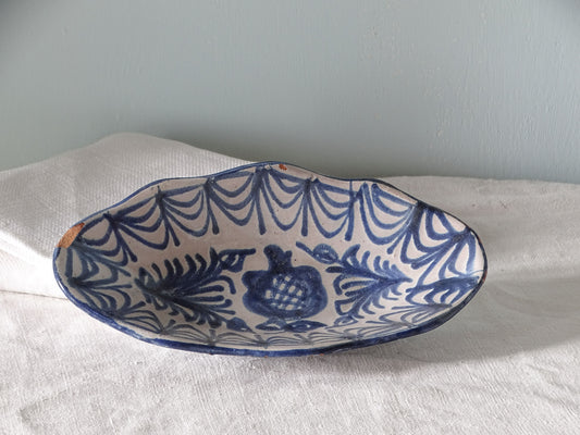 Small Spanish vintage Fajalauza pottery trinket dish with hand-painted blue pomegranate and decoration