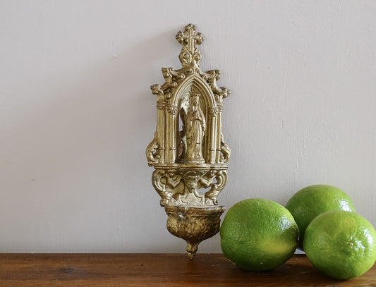 French Antique Holy Water Font with Virgin Mary Statue.  This is a decorative gilt metal wall plaque from the early 1900's.