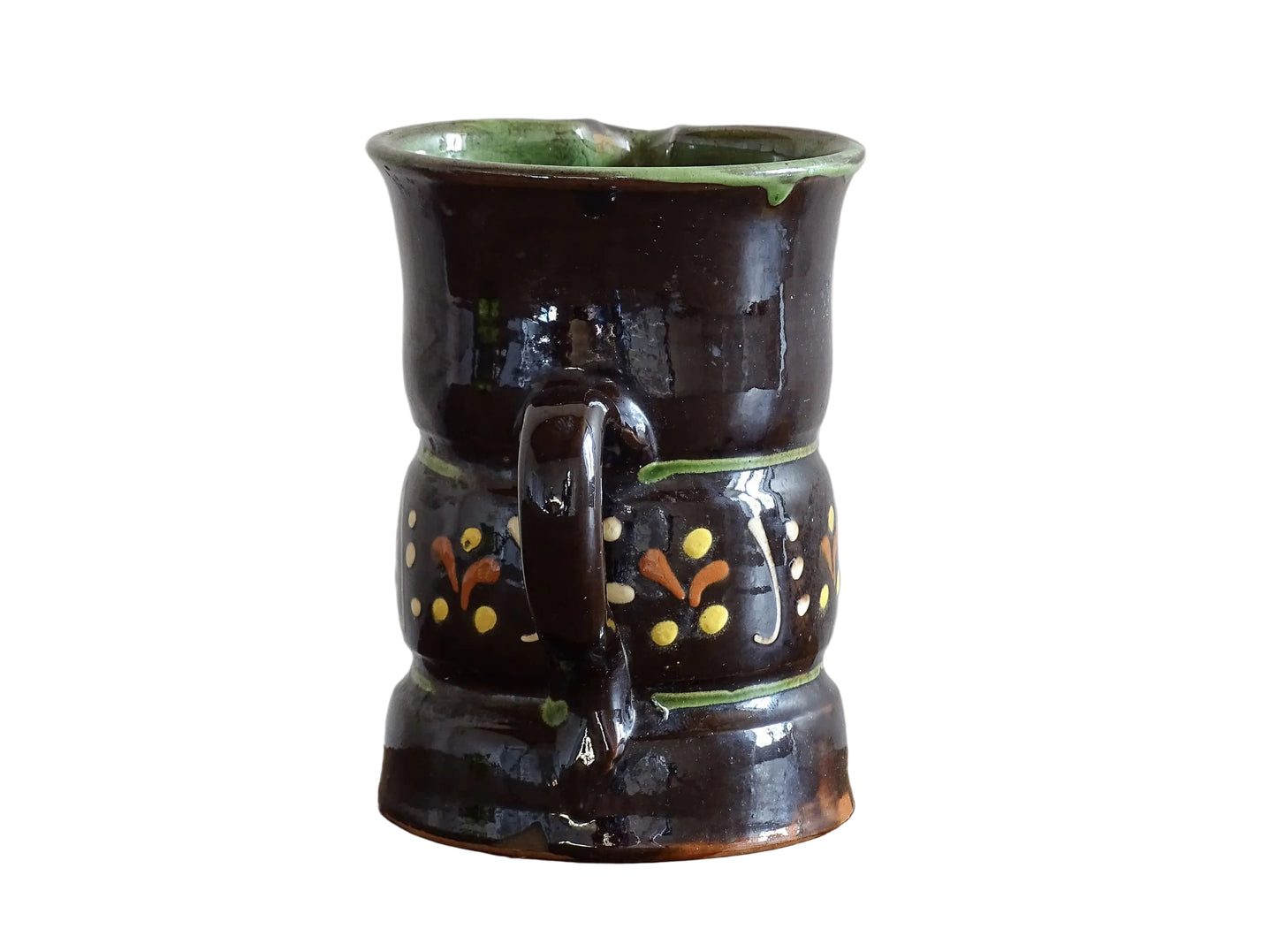 Beautifully rustic French vintage ceramic jug. It has a deep brown glaze and hand-painted decoration . This pottery jug is from Alsace.