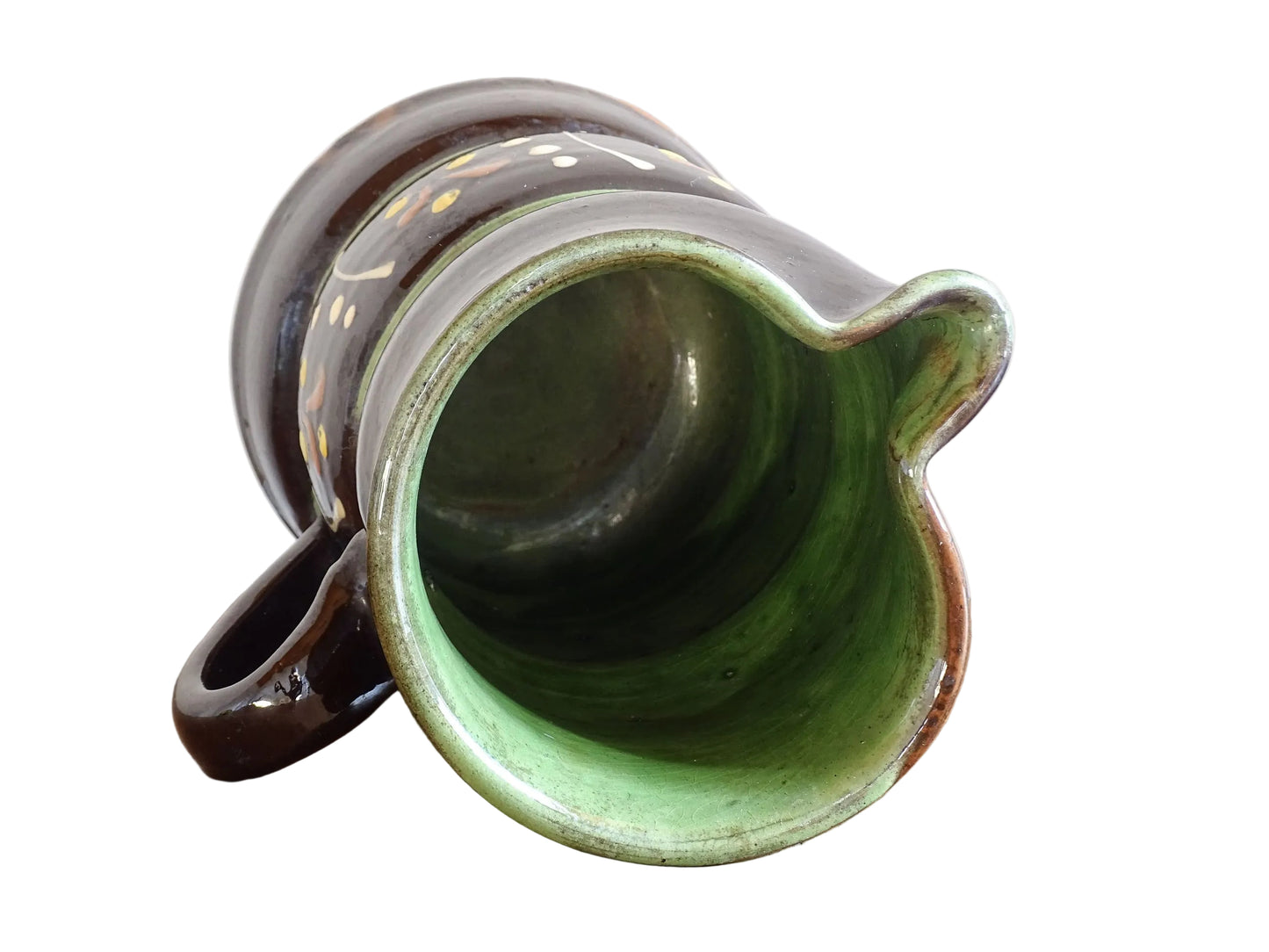 Beautifully rustic French vintage ceramic jug. It has a deep brown glaze and hand-painted decoration . This pottery jug is from Alsace.