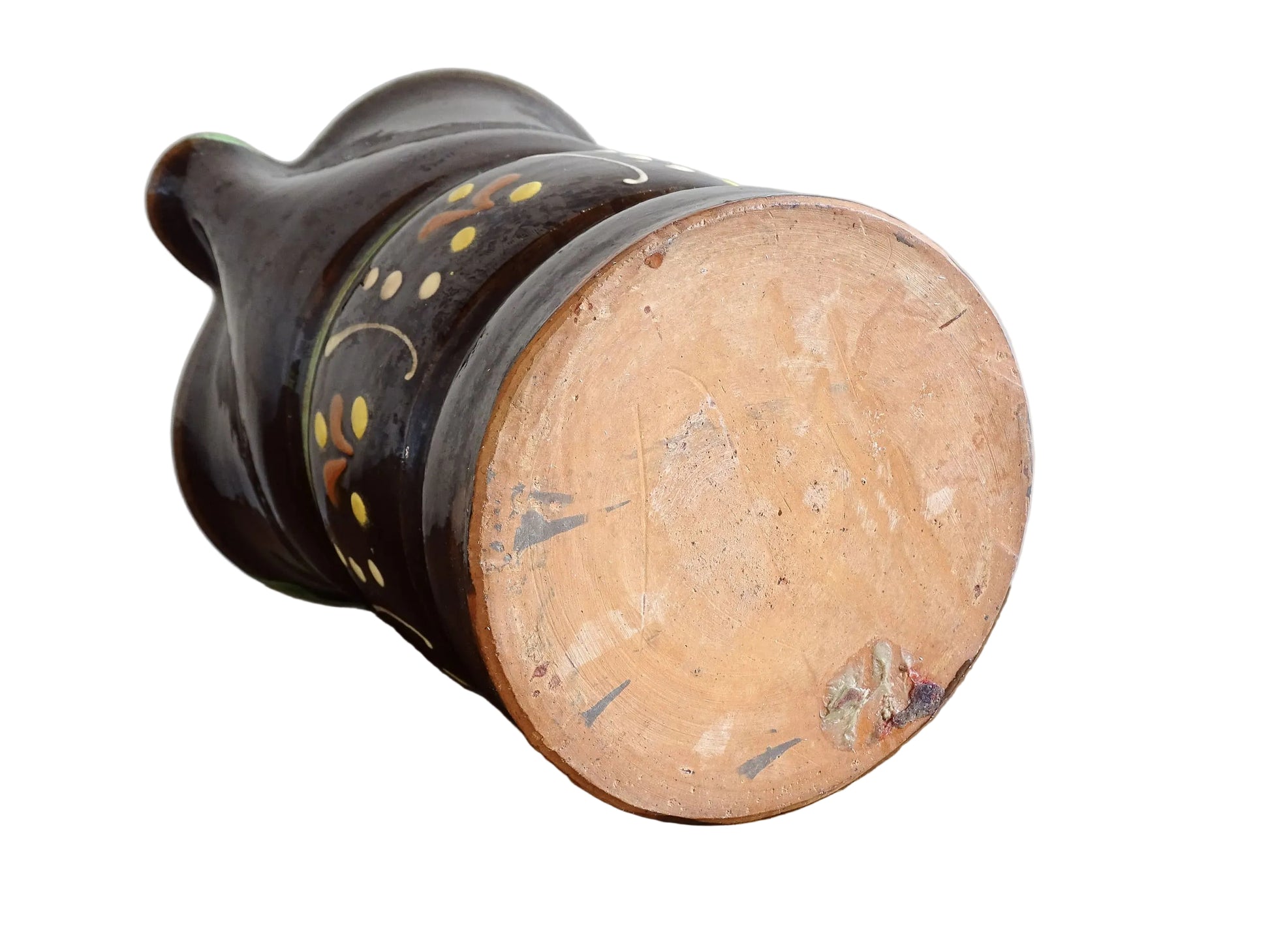 Beautifully rustic French vintage ceramic jug. It has a deep brown glaze and hand-painted decoration . This pottery jug is from Alsace.