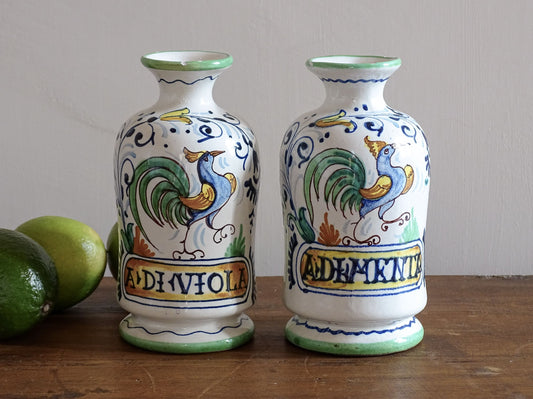 A pair of Italian Antique pharmacy jars dating to circa 1920. These tin-glazed, earthenware jars are decorative in the Renaissance revival tradition. They are painted with colourful cockerels and scrolling foliage.