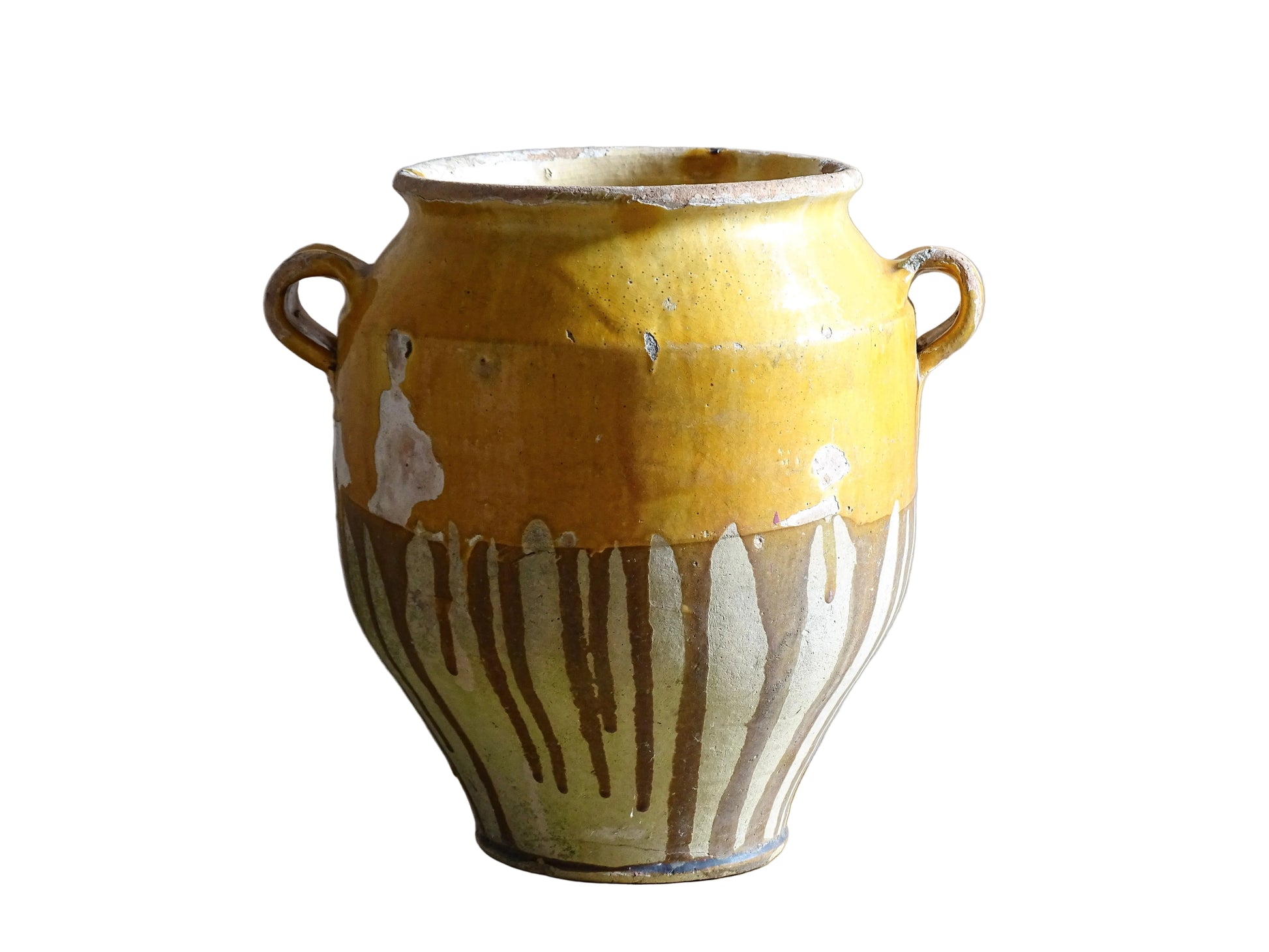 Large French antique confit pot with an ochre yellow glaze. These beautiful pots were originally used to preserve meats in the South of France. This confit jar would look beautiful placed on console table or kitchen counter, fill it with dried flowers or display with a collection of French pottery.