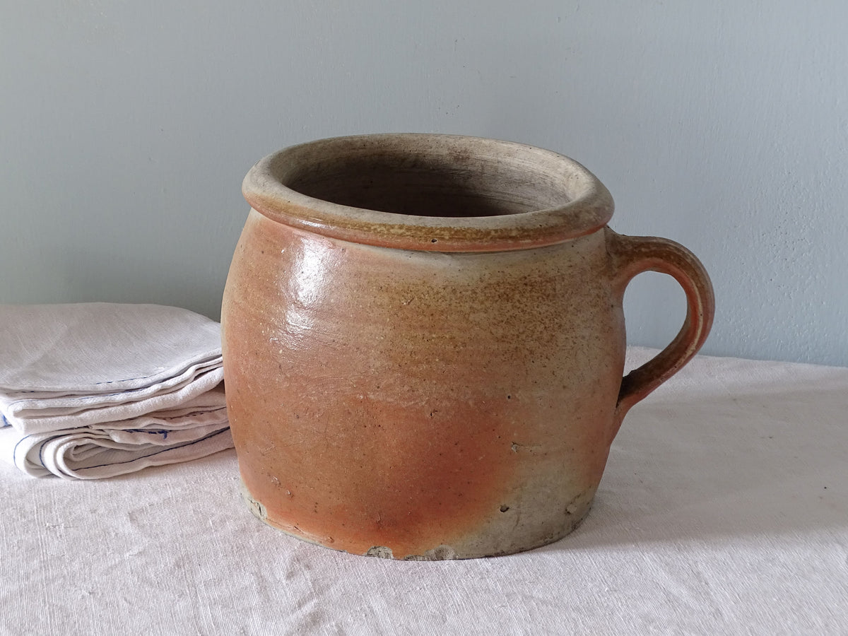 Rustic French antique stoneware pot with red and brown glaze