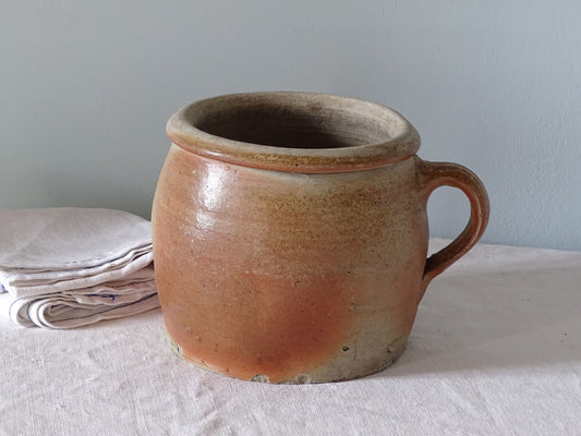 Rustic French antique stoneware pot with red and brown glaze