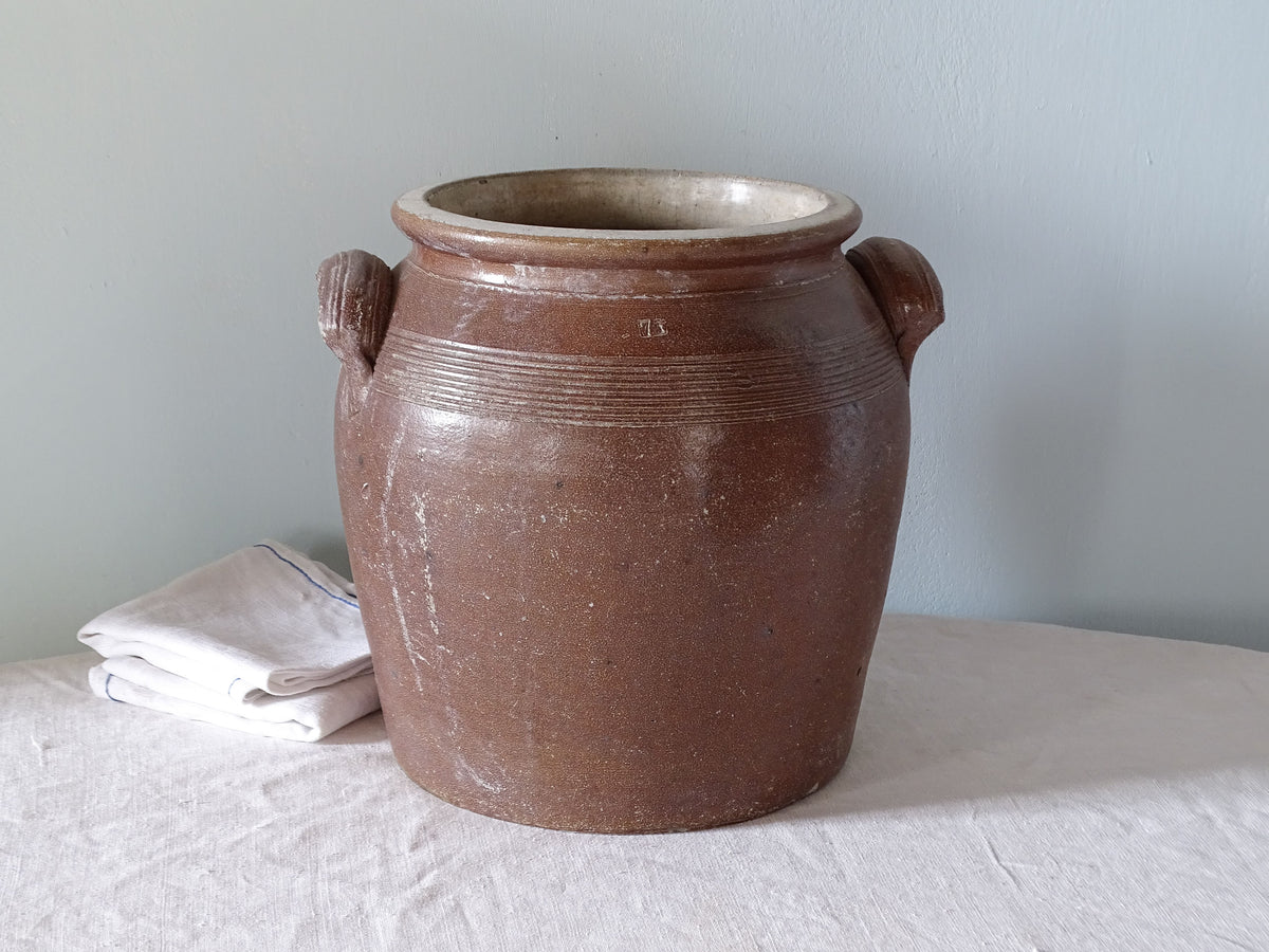 French antique stoneware confit pot with brown glaze 