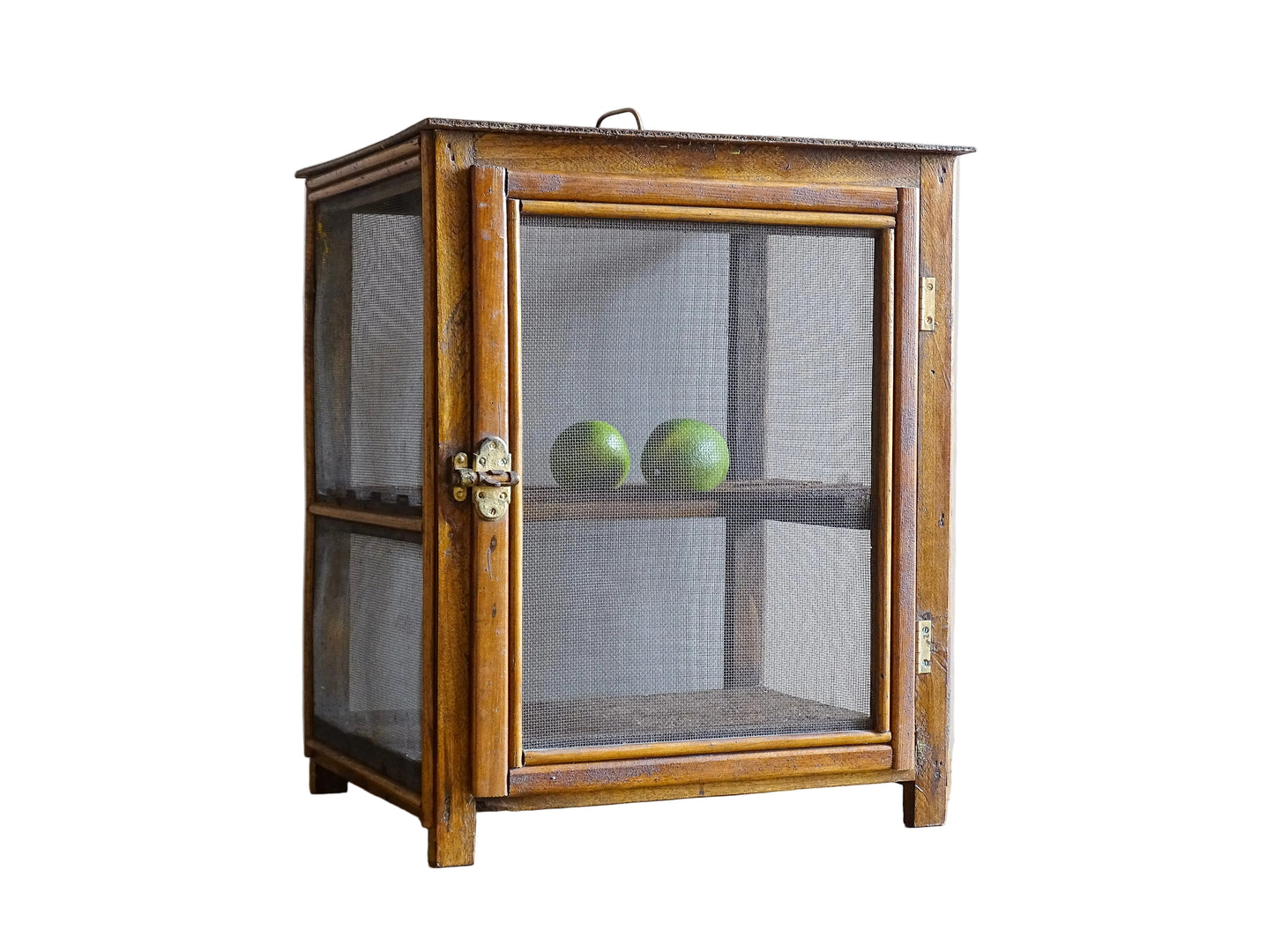 A French antique garde manger or countertop pantry cabinet. Circa 1920. This antique wooden garde manger with wire mesh panels on all sides was traditionally used for storing cheese, fruit, and baked goods while allowing air to circulate.