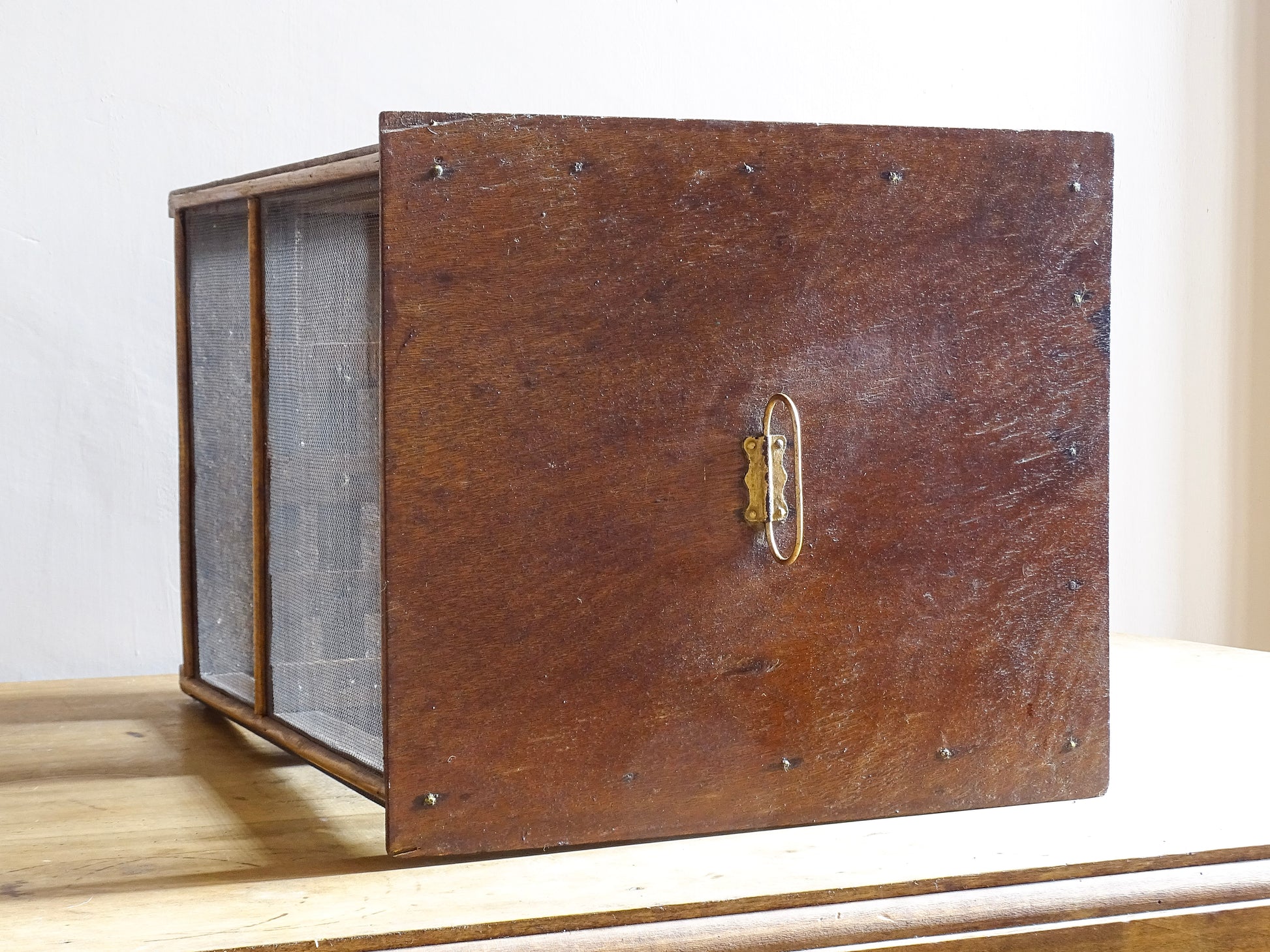 A French antique garde manger or countertop pantry cabinet. Circa 1920. This antique wooden garde manger with wire mesh panels on all sides was traditionally used for storing cheese, fruit, and baked goods while allowing air to circulate.