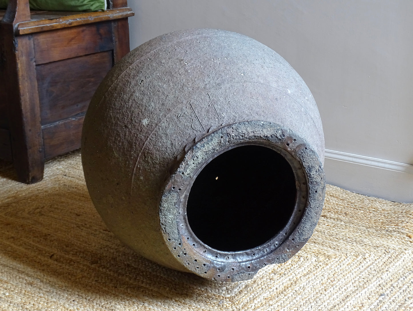 Interior view of large French antique terracotta pot from South West France, early 19th century preservation vessel with original glaze.
